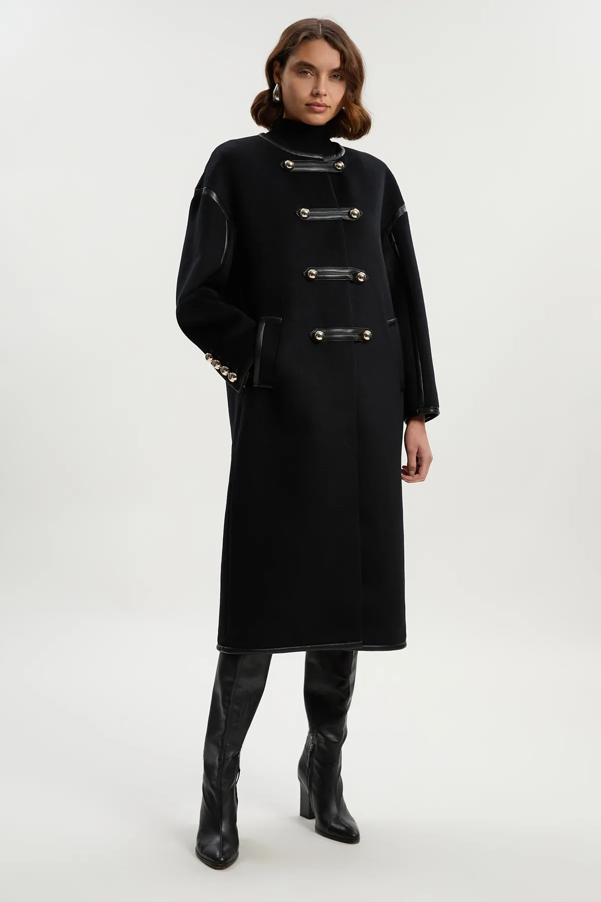 Brushed Wool PU Mix Tailored Collarless Midi Coat BKK25626