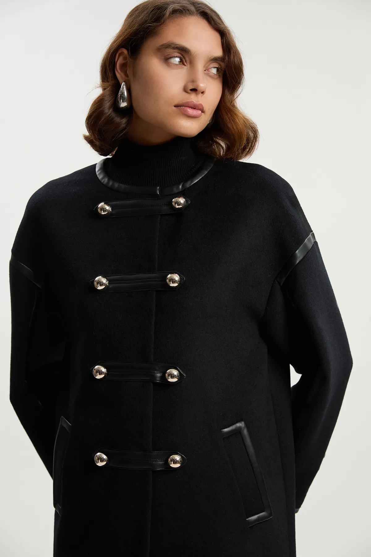 Brushed Wool PU Mix Tailored Collarless Midi Coat BKK25626