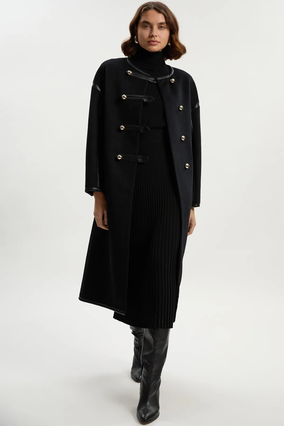 Brushed Wool PU Mix Tailored Collarless Midi Coat BKK25626 3 Brushed Wool PU Mix Tailored Collarless Midi Coat BKK25626