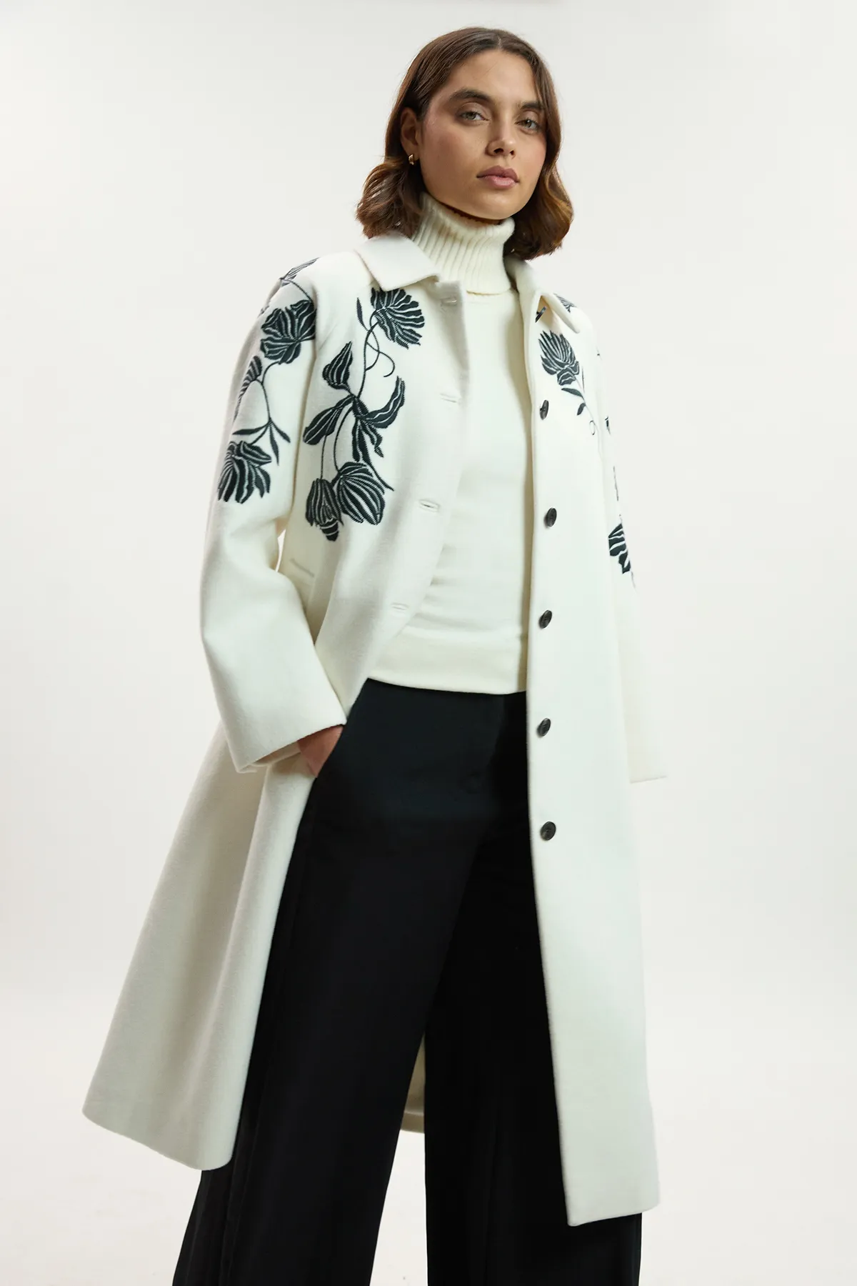 Brushed Wool Placed Embroidery Tailored Midi Coat BKK25628 5 Brushed Wool Placed Embroidery Tailored Midi Coat BKK25628