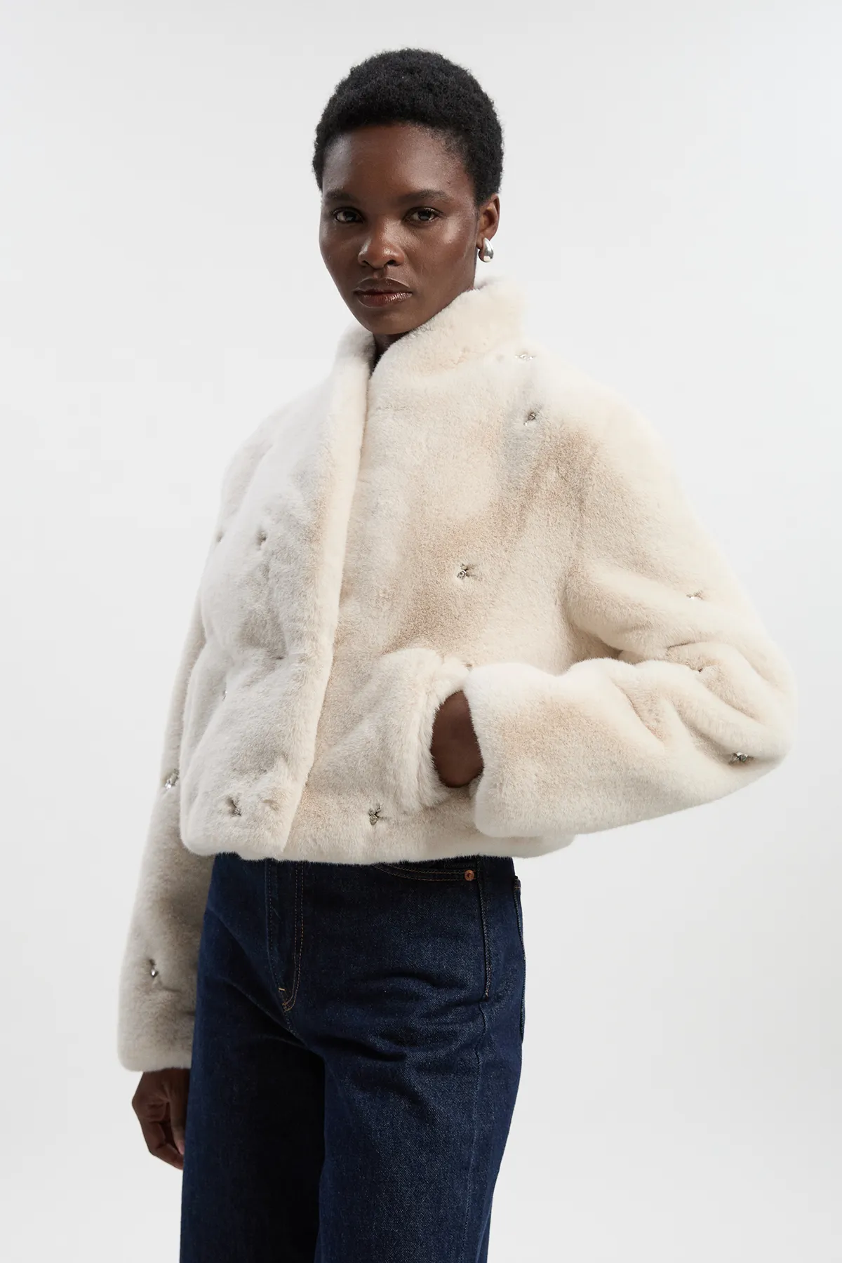 Crystal Embellished Faux Fur Short Coat BKK25637