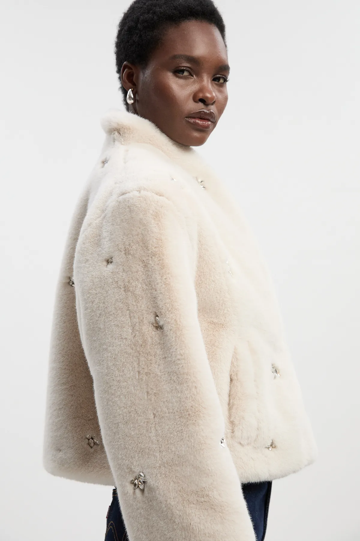 Crystal Embellished Faux Fur Short Coat BKK25637