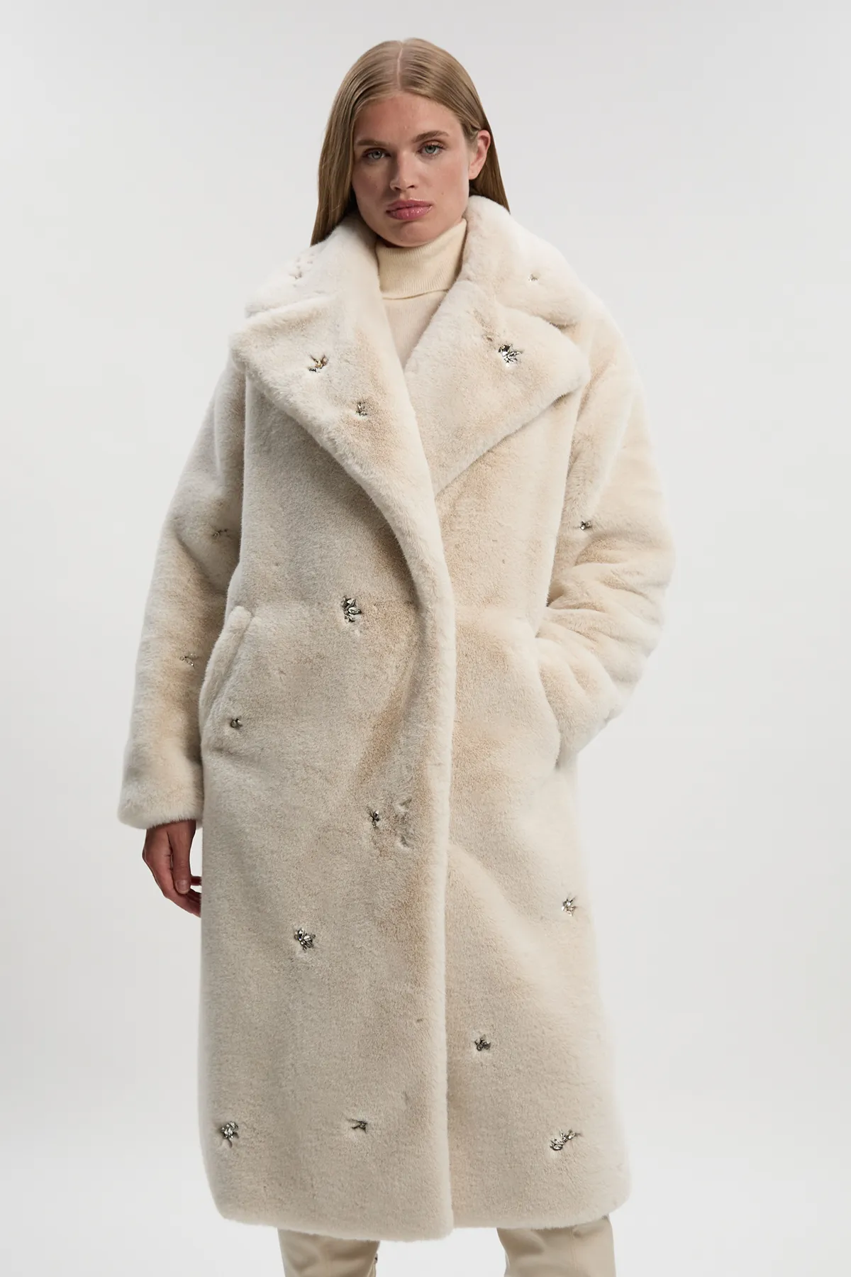 Crystal Embellished Faux Fur Long Coat BKK25638