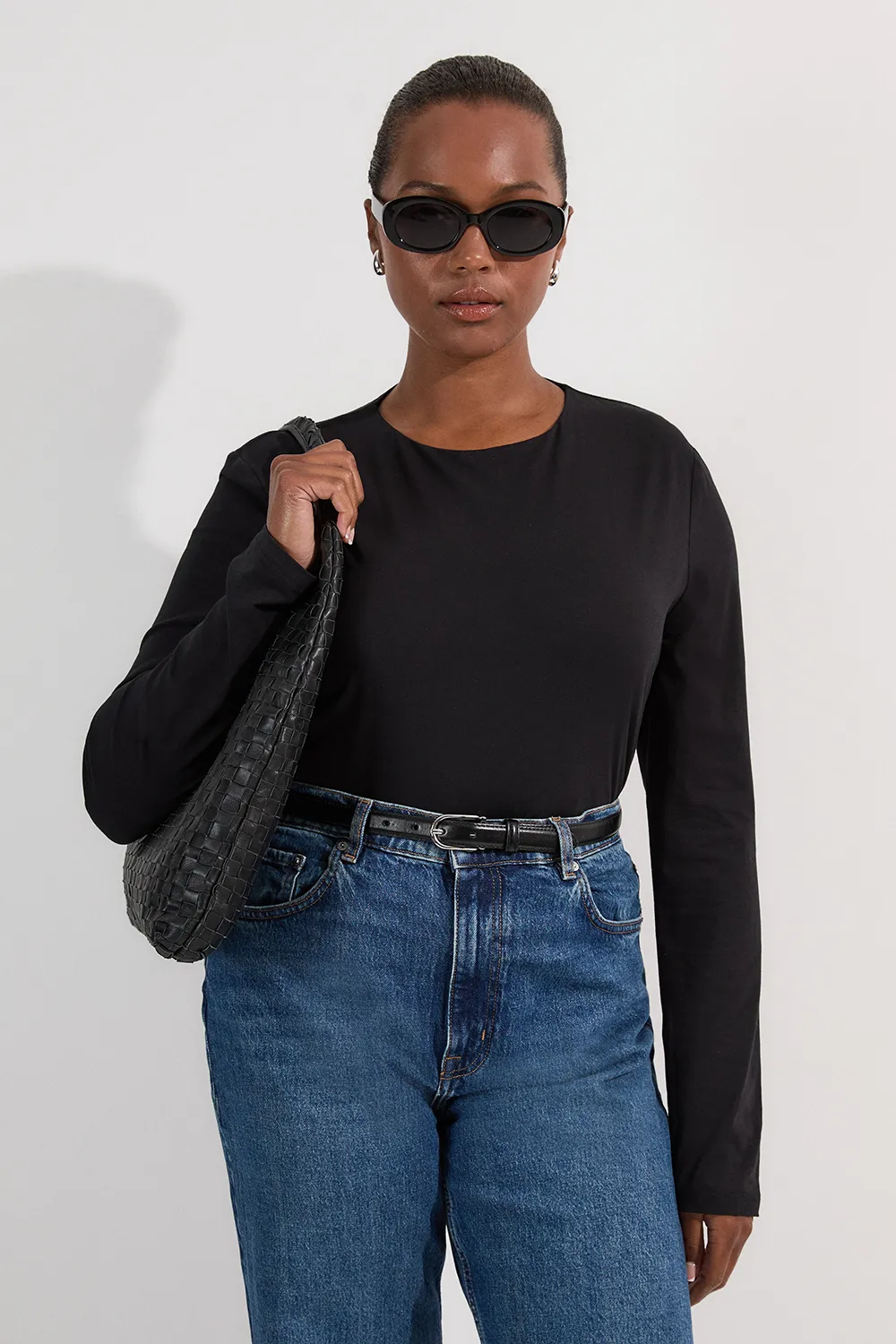 Plus Size Stretch Cotton Crew Neck Long Sleeve Top BKK25680