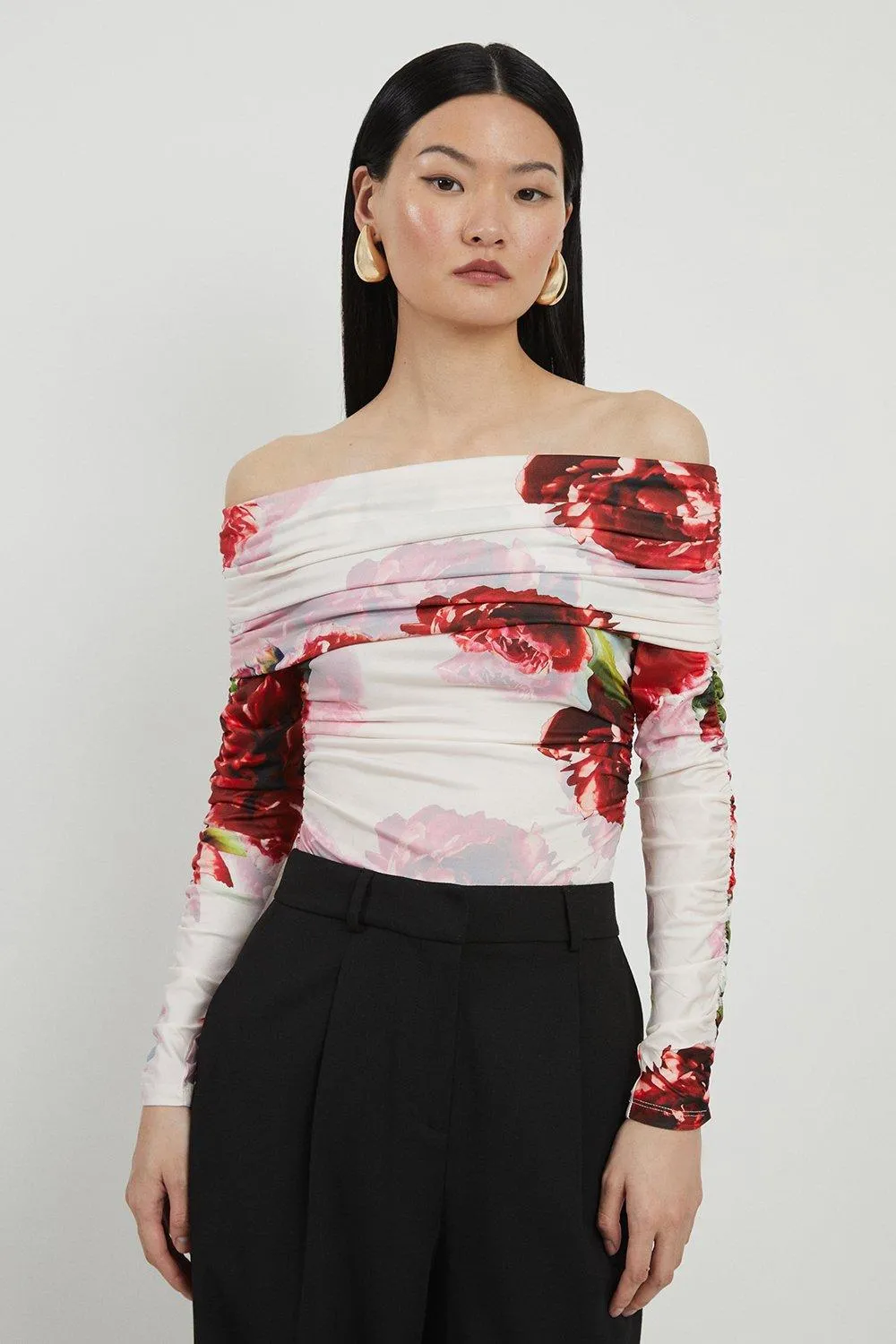 Rose Print Drapey Crepe Jersey Off The Shoulder Bodysuit BKK18093