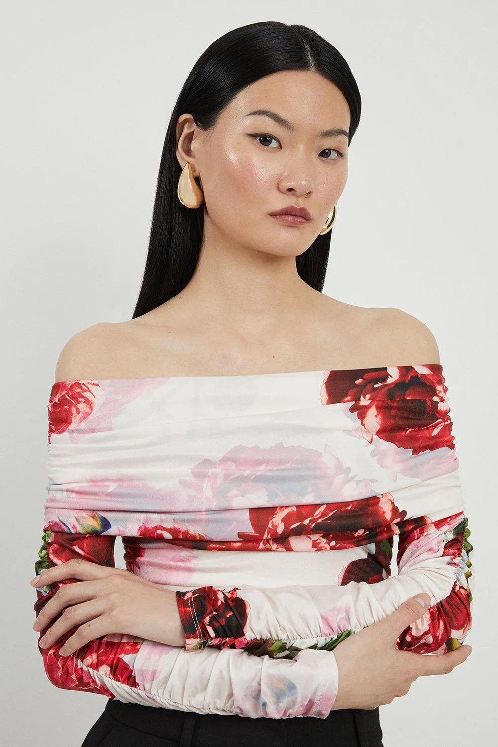 Rose Print Drapey Crepe Jersey Off The Shoulder Bodysuit BKK18093