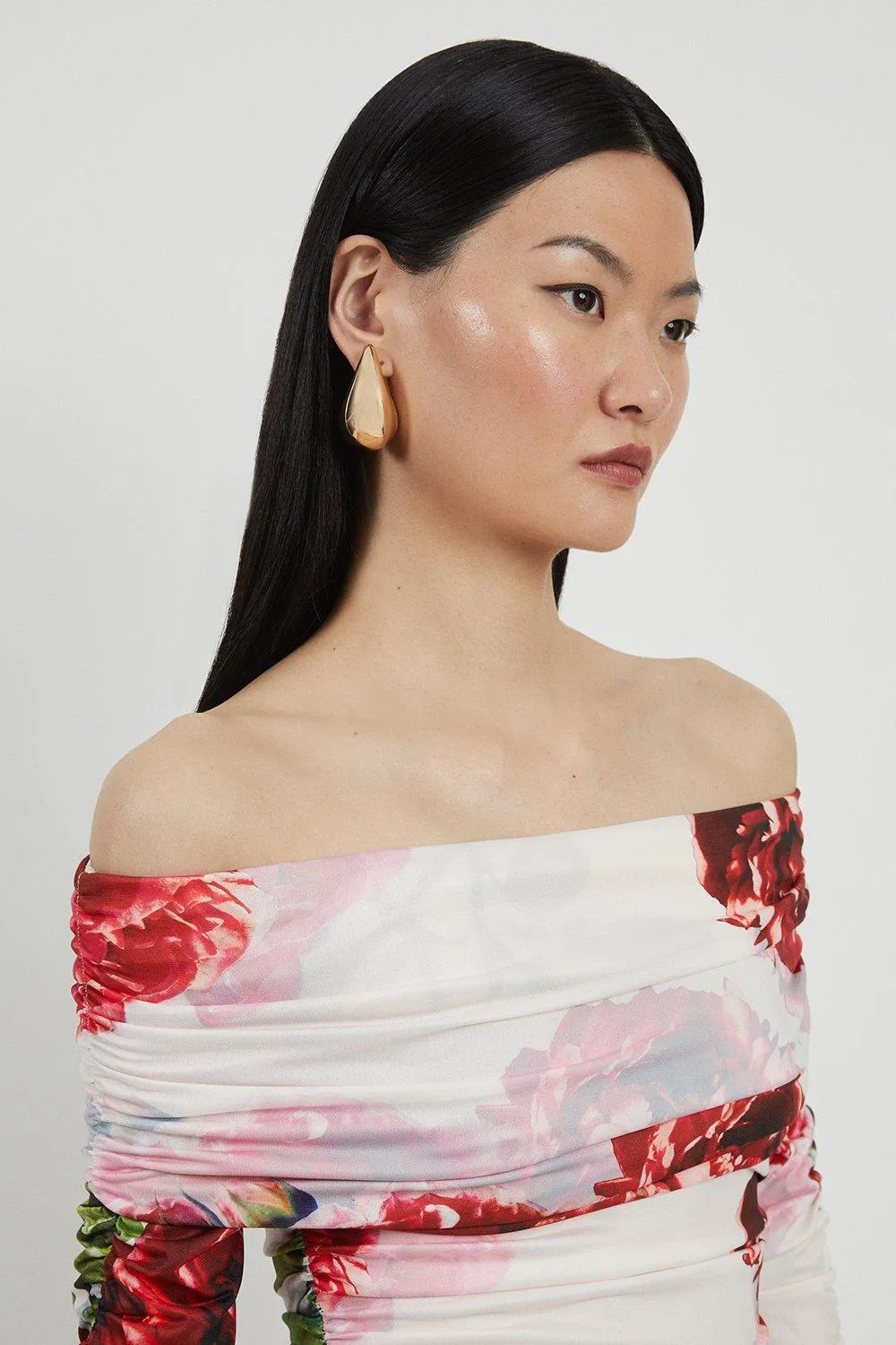 Rose Print Drapey Crepe Jersey Off The Shoulder Bodysuit BKK18093