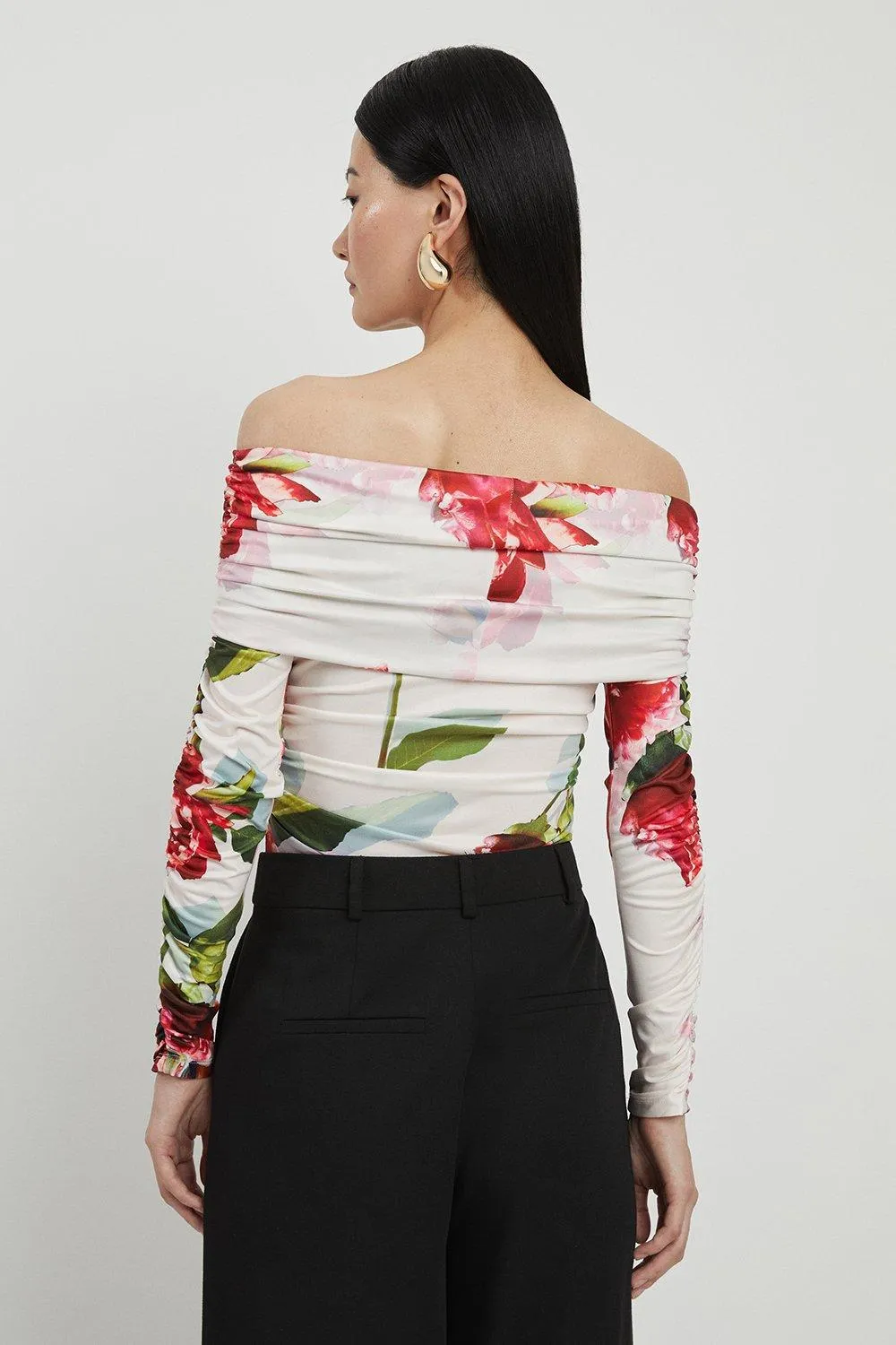 Rose Print Drapey Crepe Jersey Off The Shoulder Bodysuit BKK18093