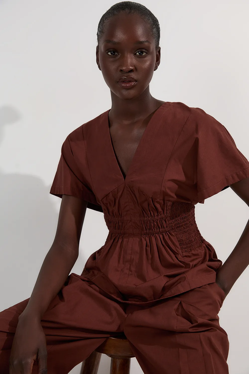 Shirred Cotton Woven Plunge Neck Short Sleeve Top BKK25751