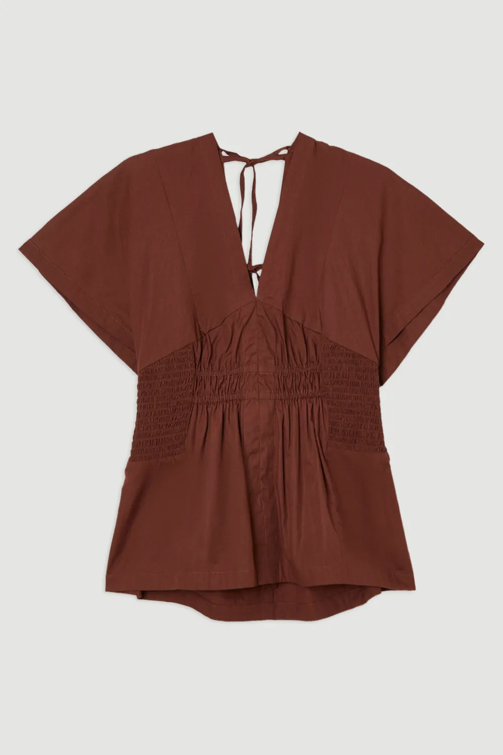 Shirred Cotton Woven Plunge Neck Short Sleeve Top BKK25751