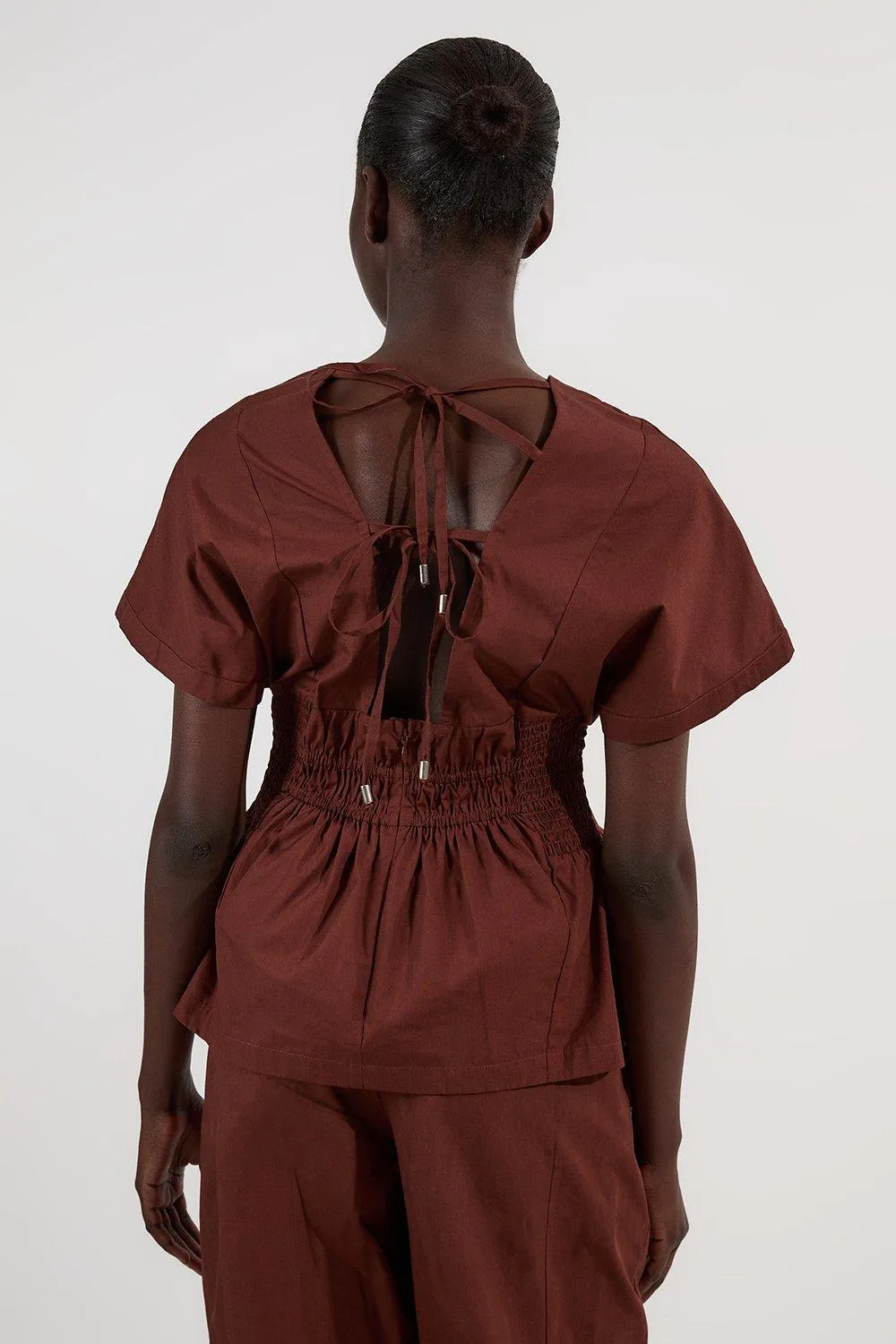 Shirred Cotton Woven Plunge Neck Short Sleeve Top BKK25751