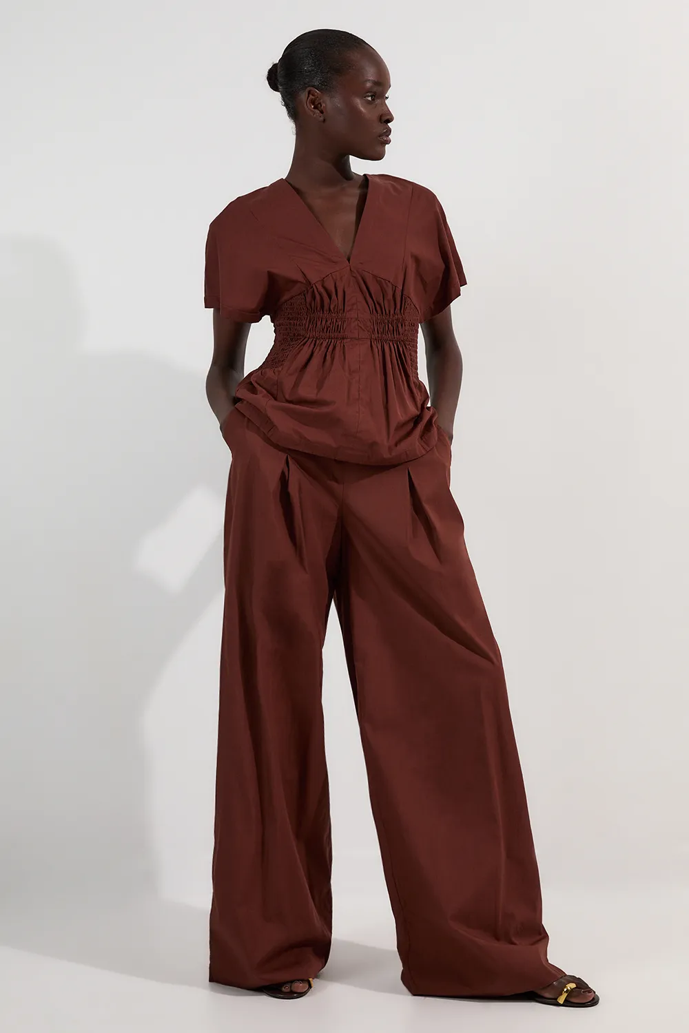 Shirred Cotton Wide Leg Woven Trouser BKK25756