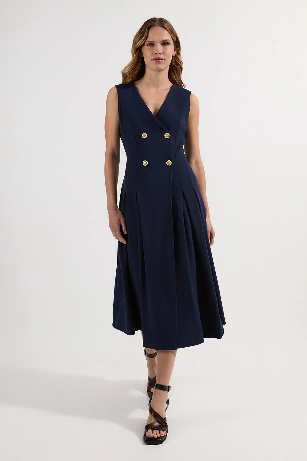 Compact Stretch Sleeveless Full Skirted Button Front Tailored Midi Dress BKK25782