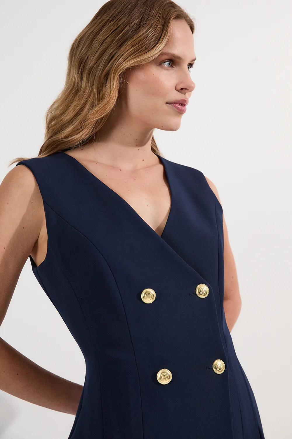 Compact Stretch Sleeveless Full Skirted Button Front Tailored Midi Dress BKK25782