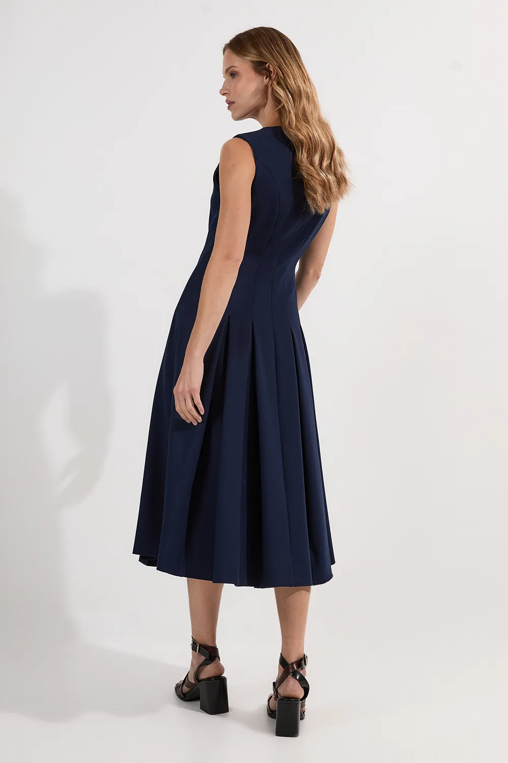 Compact Stretch Sleeveless Full Skirted Button Front Tailored Midi Dress BKK25782 5 Compact Stretch Sleeveless Full Skirted Button Front Tailored Midi Dress BKK25782