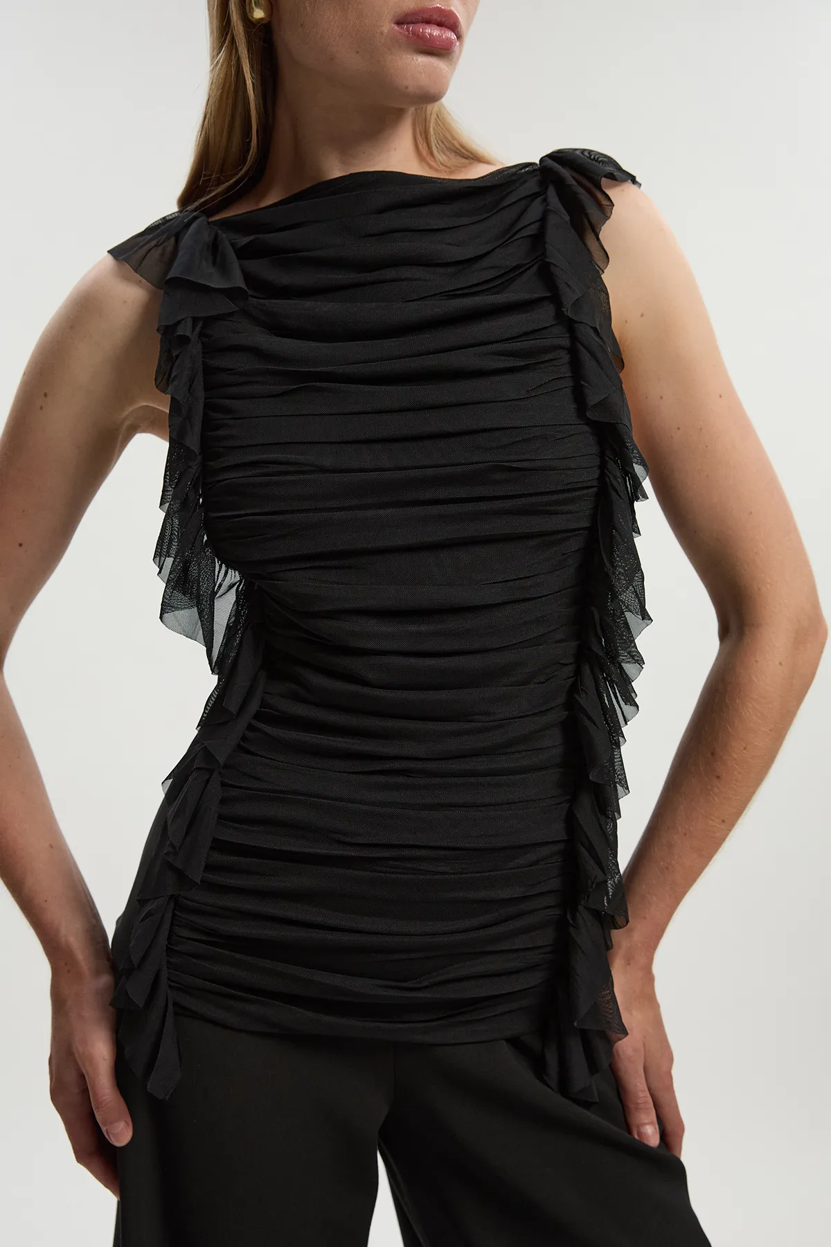 Bandage Mesh Gathered Ruffle Knit Top BKK25835