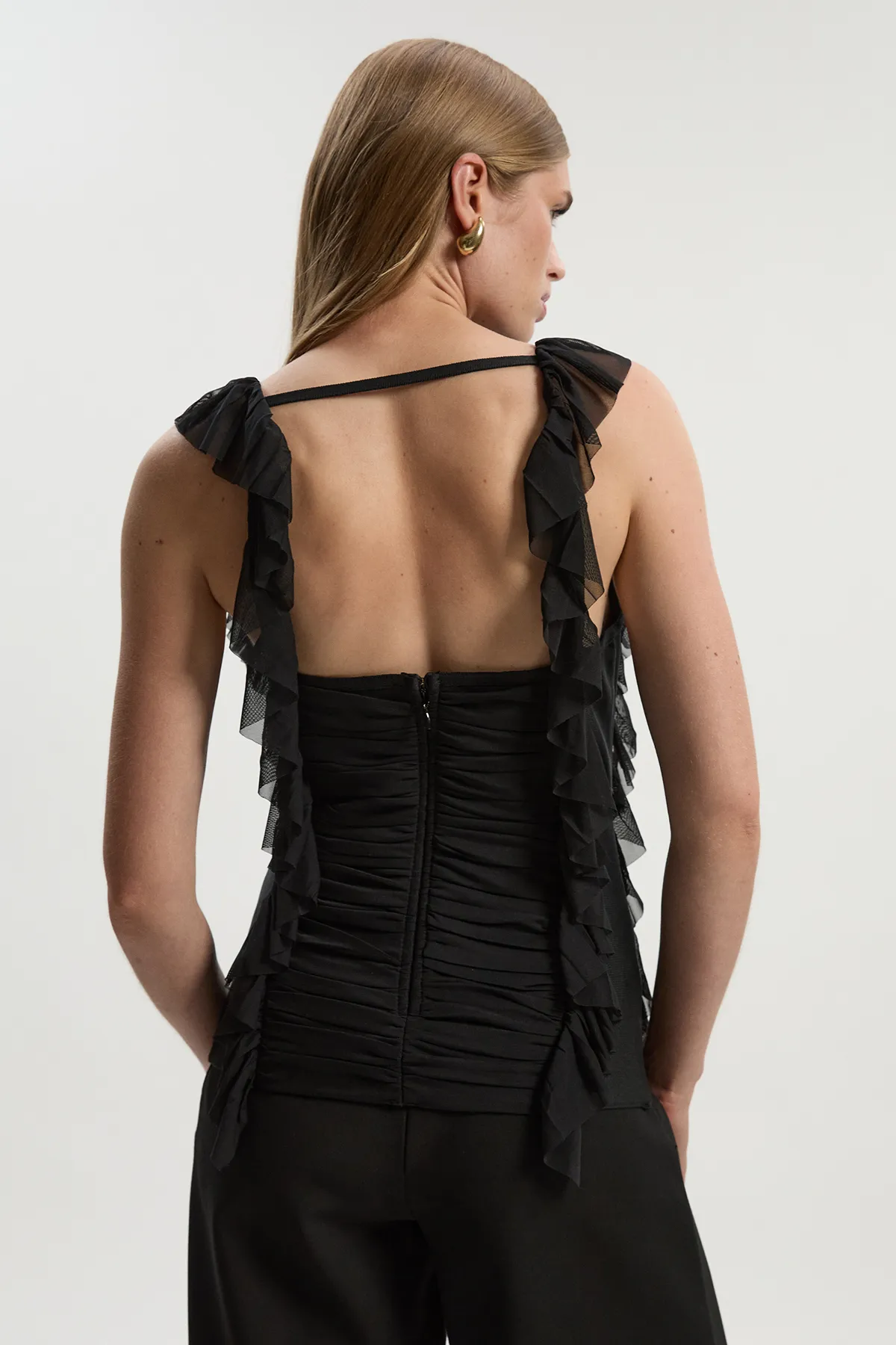 Bandage Mesh Gathered Ruffle Knit Top BKK25835 5 Bandage Mesh Gathered Ruffle Knit Top BKK25835