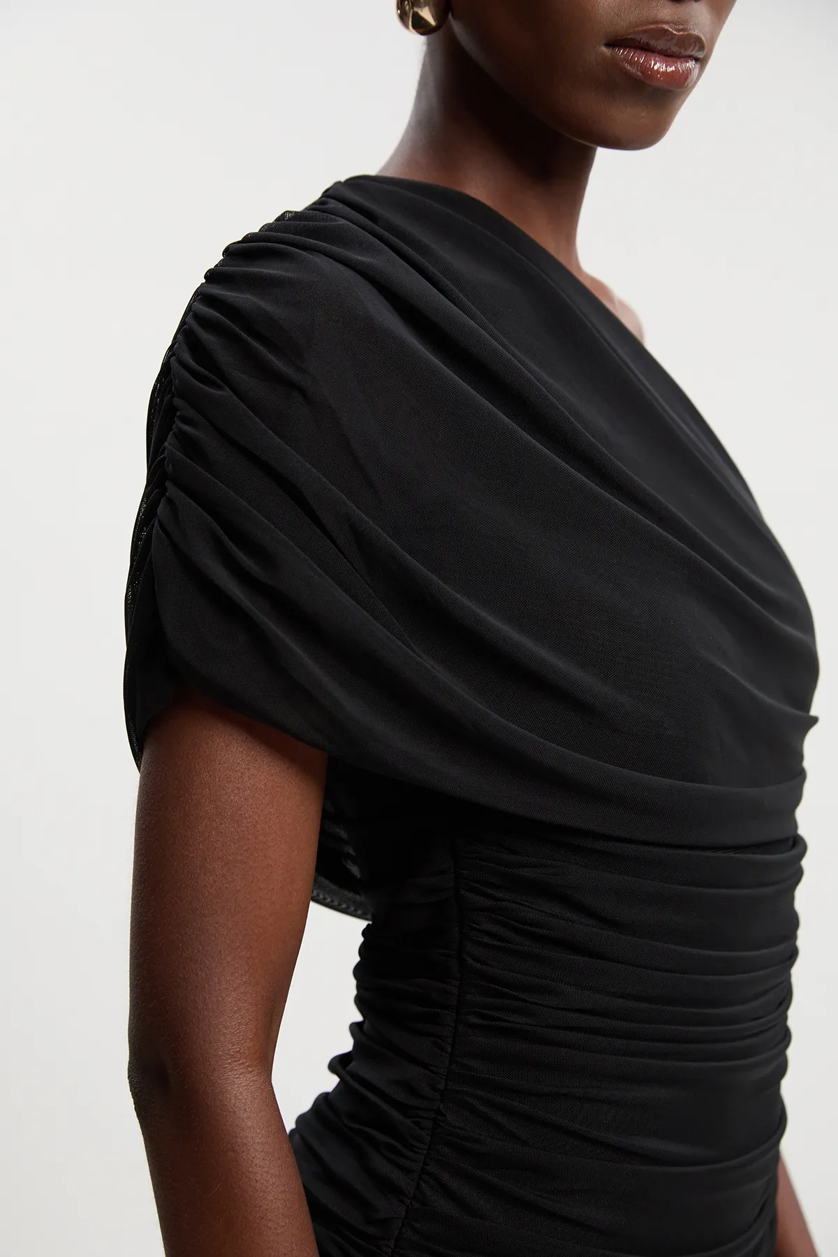 Bandage Mesh Gathered Asymmetric Neck Knitted Maxi Dress BKK25836 3 Bandage Mesh Gathered Asymmetric Neck Knitted Maxi Dress BKK25836