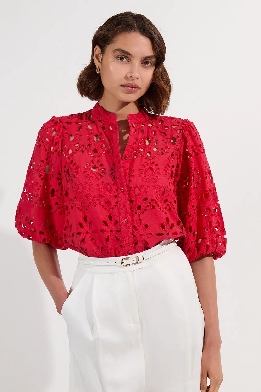 Cotton Broderie Woven Short Sleeve Blouse BKK25846