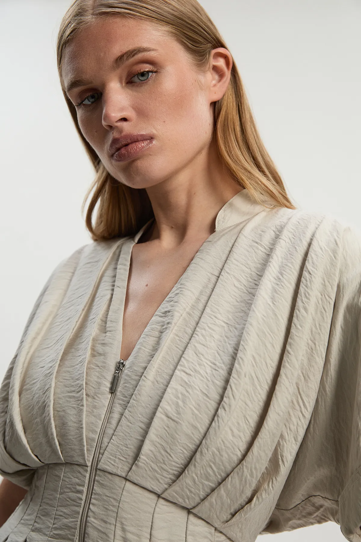 Pleated Neck Tie Detail Woven Short Sleeve Shirt BKK25852