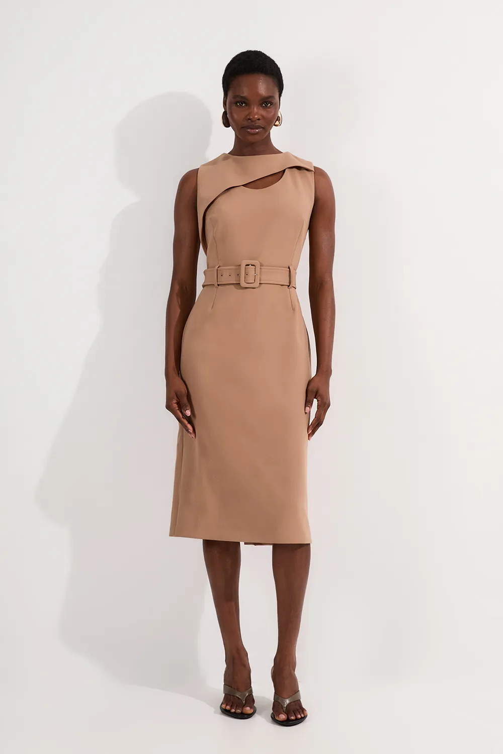 Compact Stretch Belted Pencil Midi Dress BKK25868