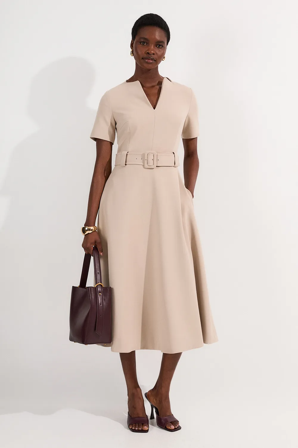 Compact Stretch Belted Full Skirted Midi Dress BKK25869