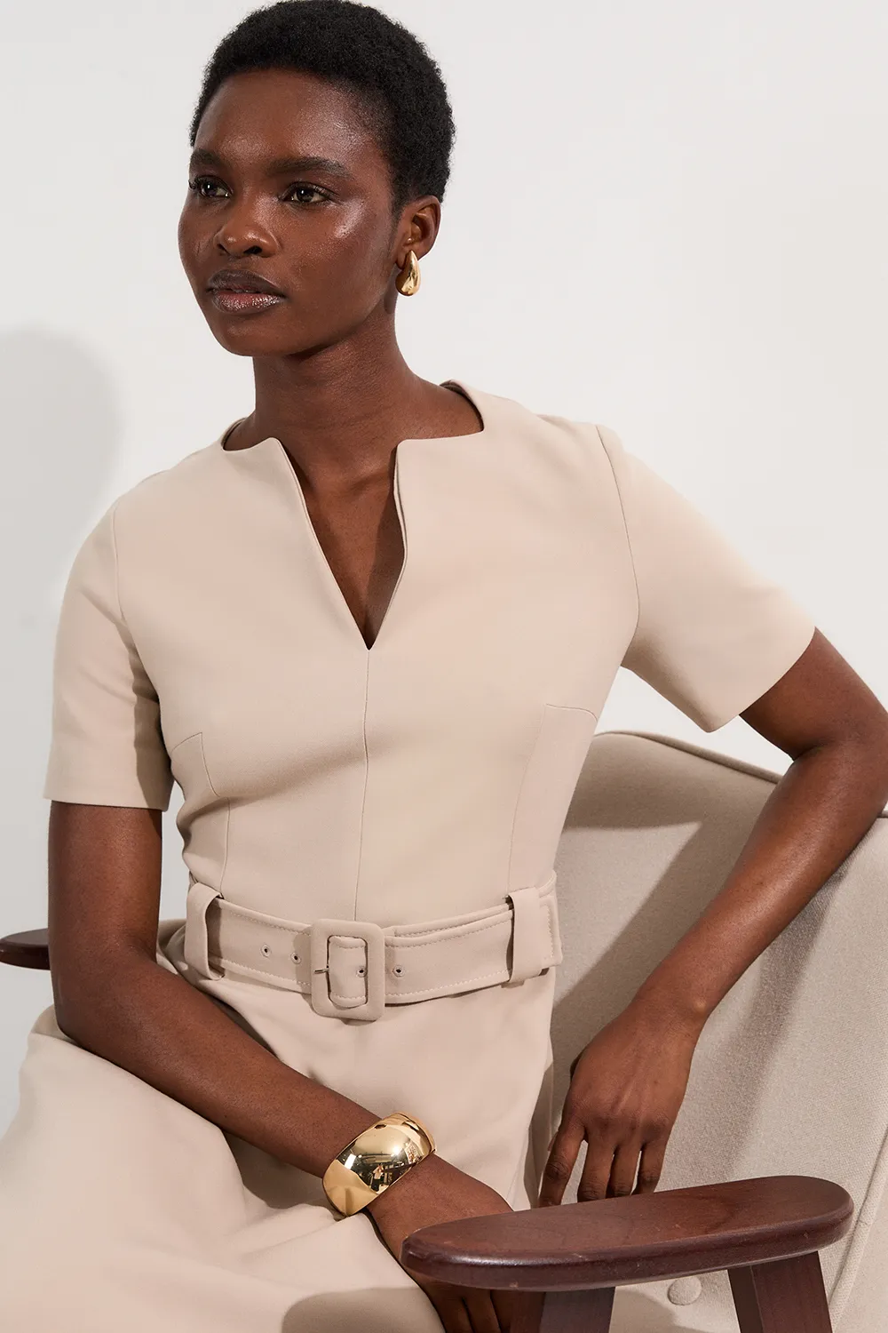 Compact Stretch Belted Full Skirted Midi Dress BKK25869