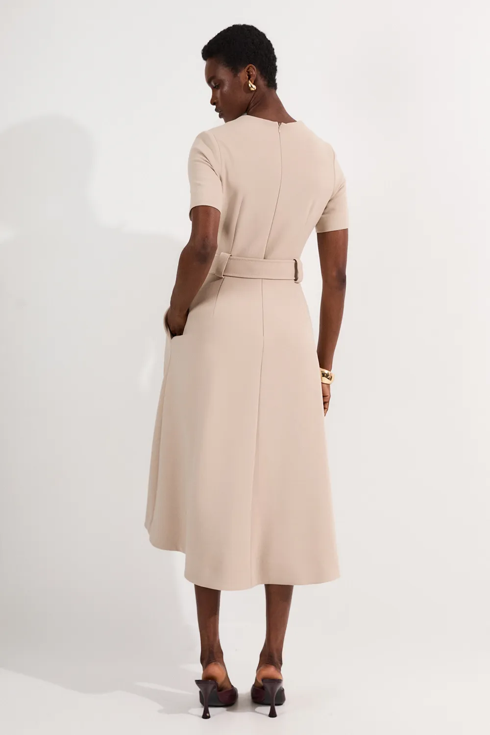 Compact Stretch Belted Full Skirted Midi Dress BKK25869 3 Compact Stretch Belted Full Skirted Midi Dress BKK25869