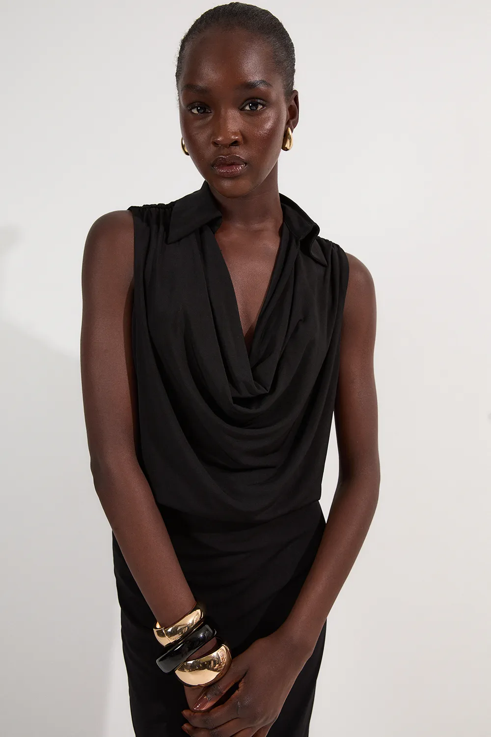 Drape Collared Crepe Maxi Dress BKK25882