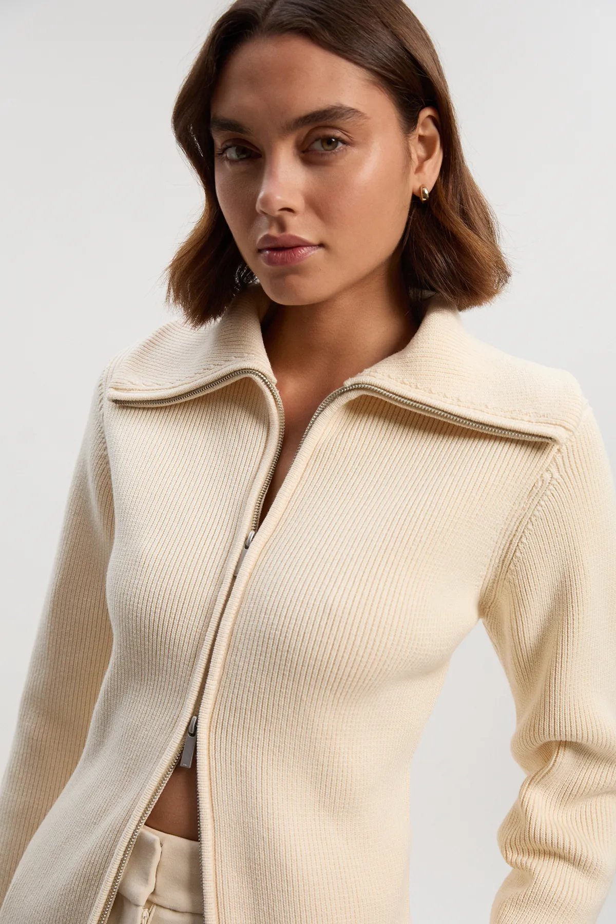 Cotton Zip Through Collar Knit Cardigan BKK25924