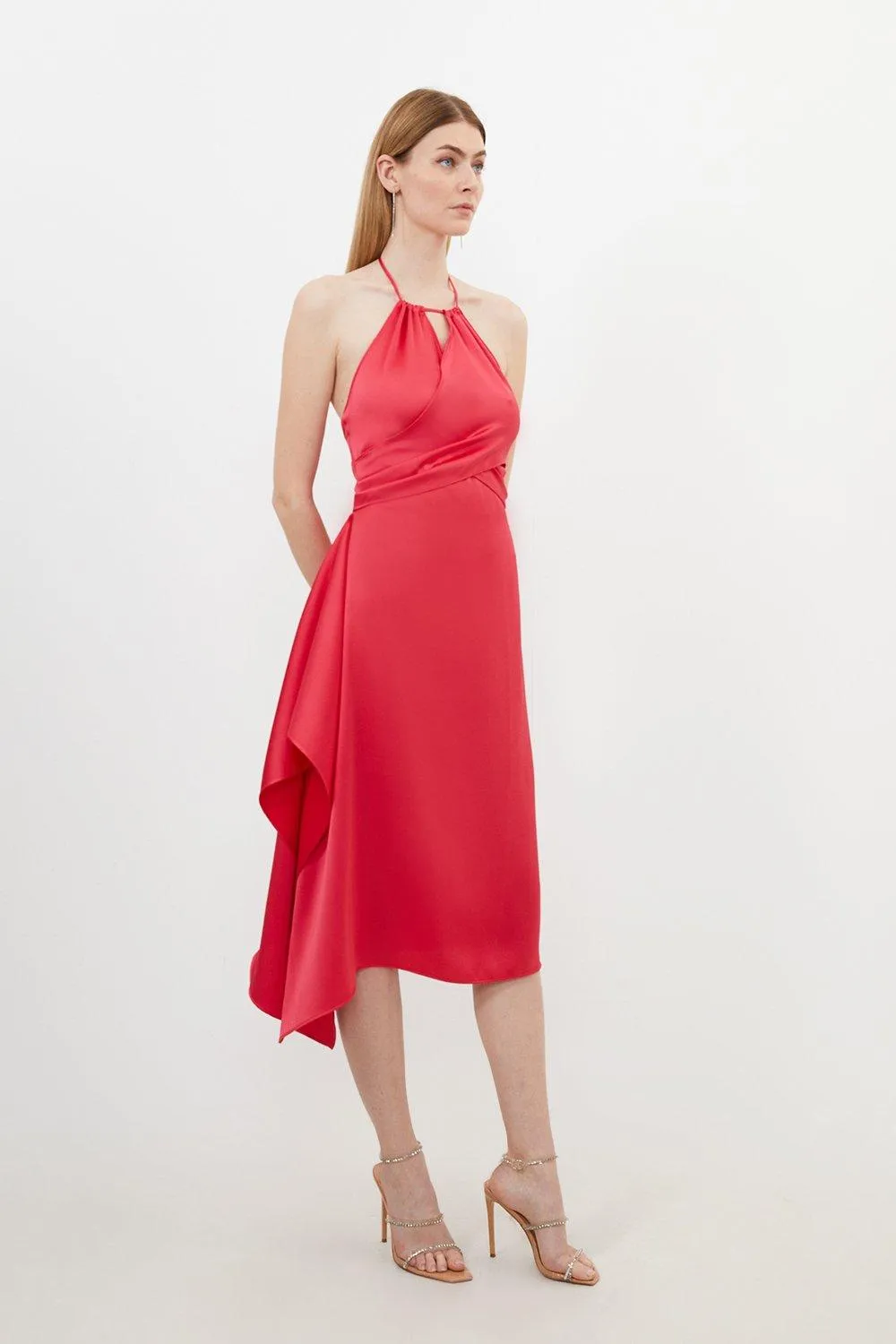 Satin Back Crepe Draped Wrap Halter Tie Neck Midi Dress BKK17941