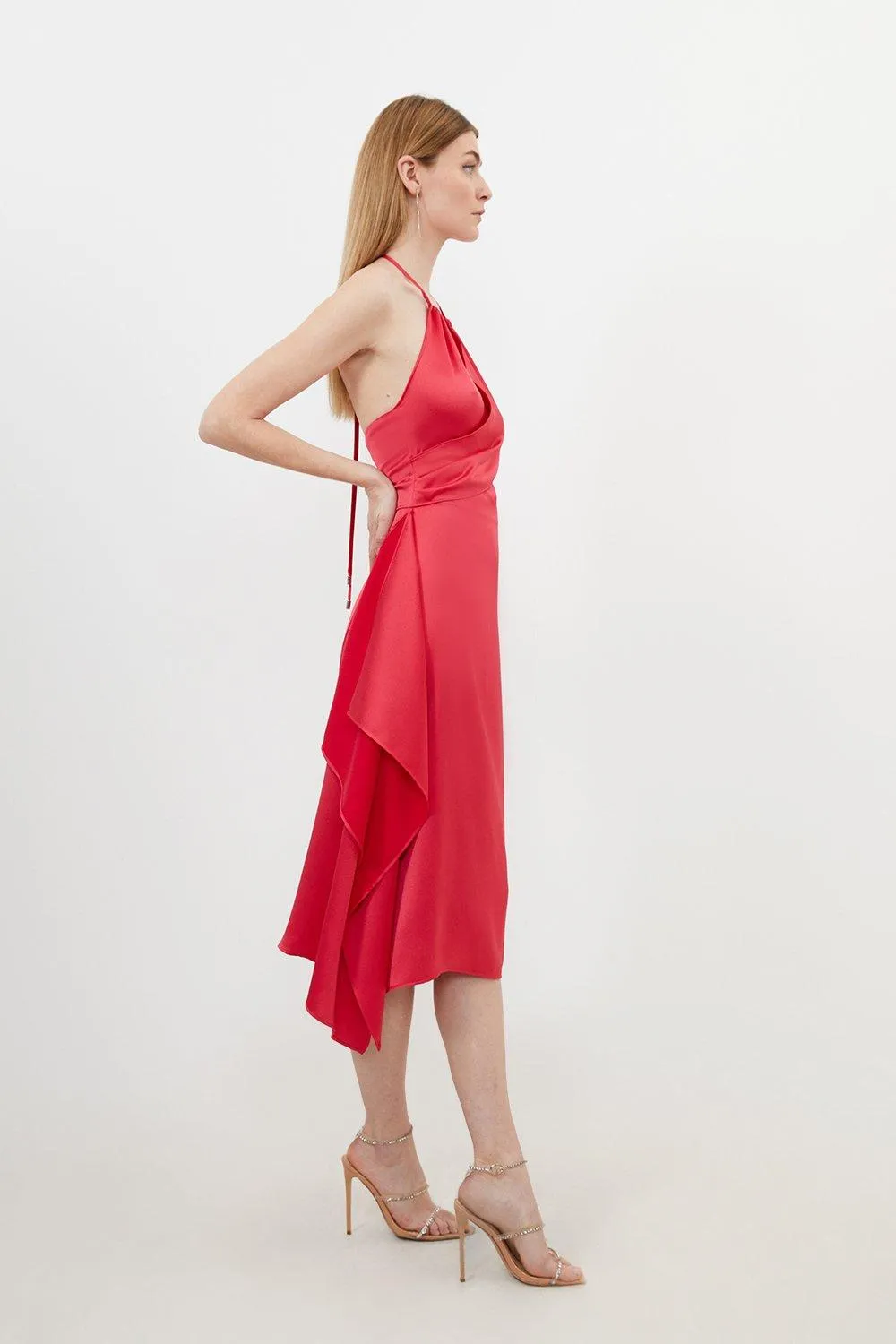 Satin Back Crepe Draped Wrap Halter Tie Neck Midi Dress BKK17941