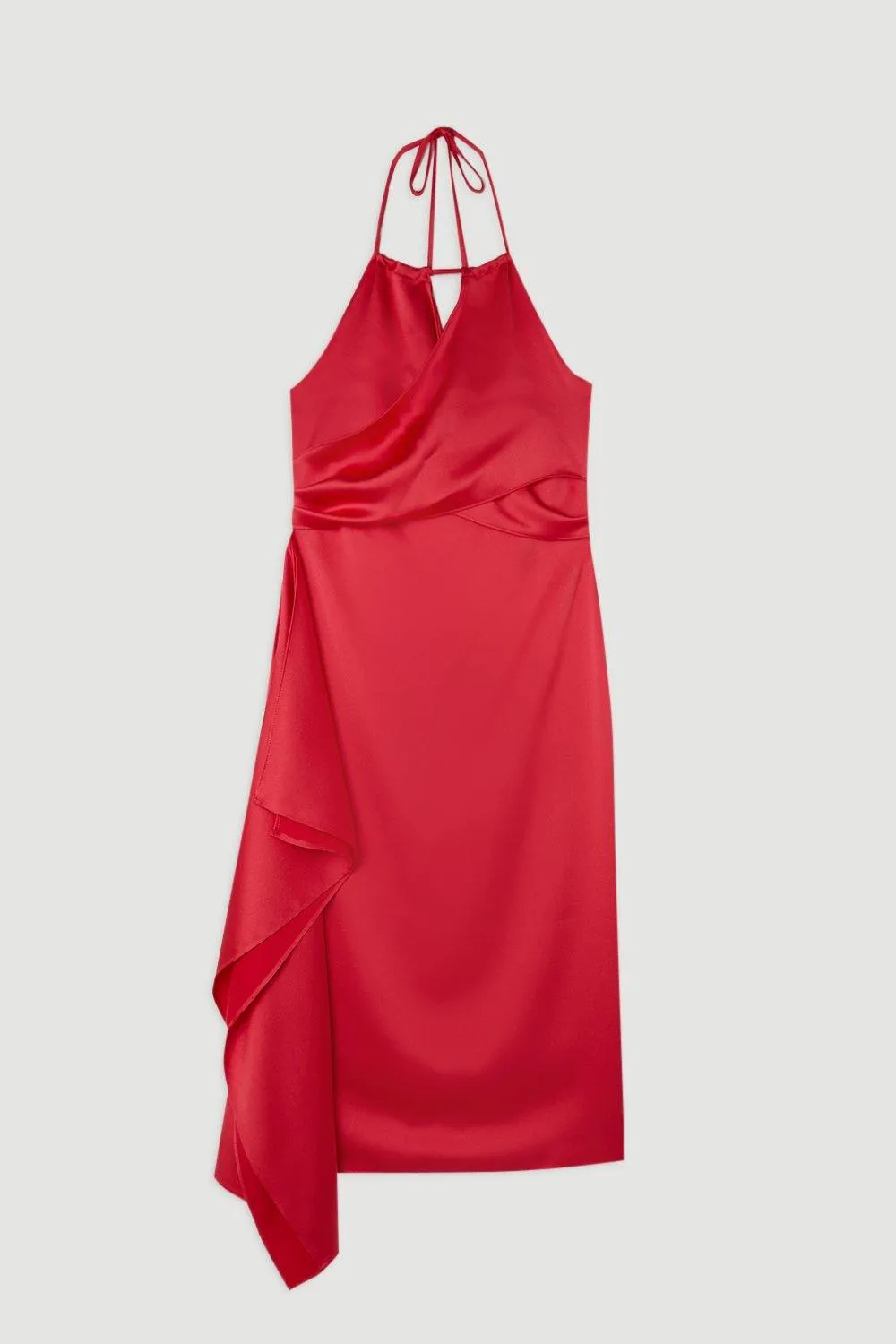 Satin Back Crepe Draped Wrap Halter Tie Neck Midi Dress BKK17941