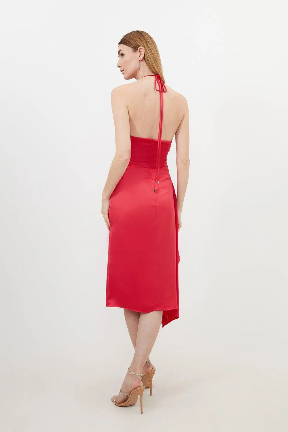 Satin Back Crepe Draped Wrap Halter Tie Neck Midi Dress BKK17941