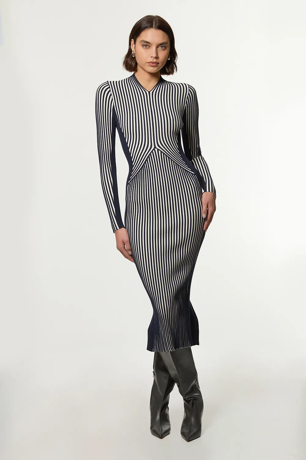 Petite Stripe Fitted Long Sleeve Knitted Midi Dress BKK25925