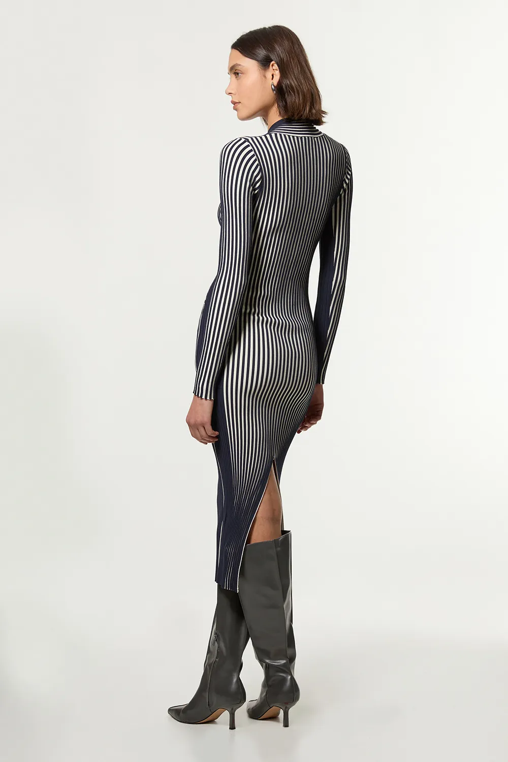 Petite Stripe Fitted Long Sleeve Knitted Midi Dress BKK25925