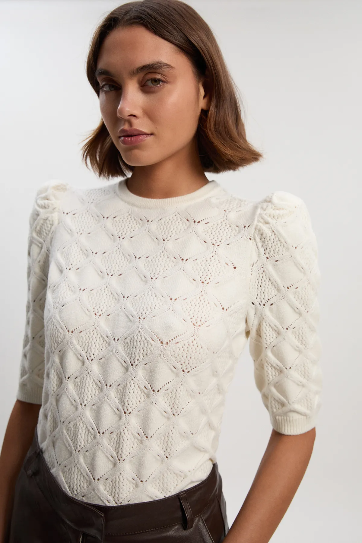 Cable Stitch Puff Sleeve Top BKK25934