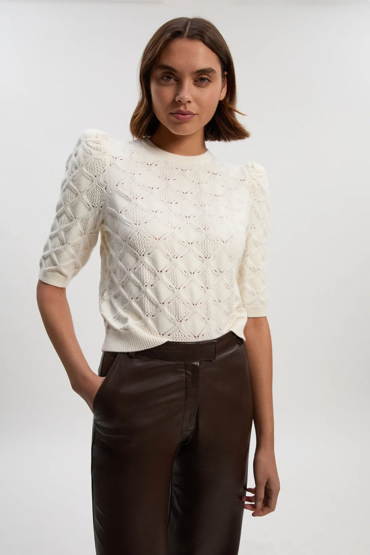 Cable Stitch Puff Sleeve Top BKK25934