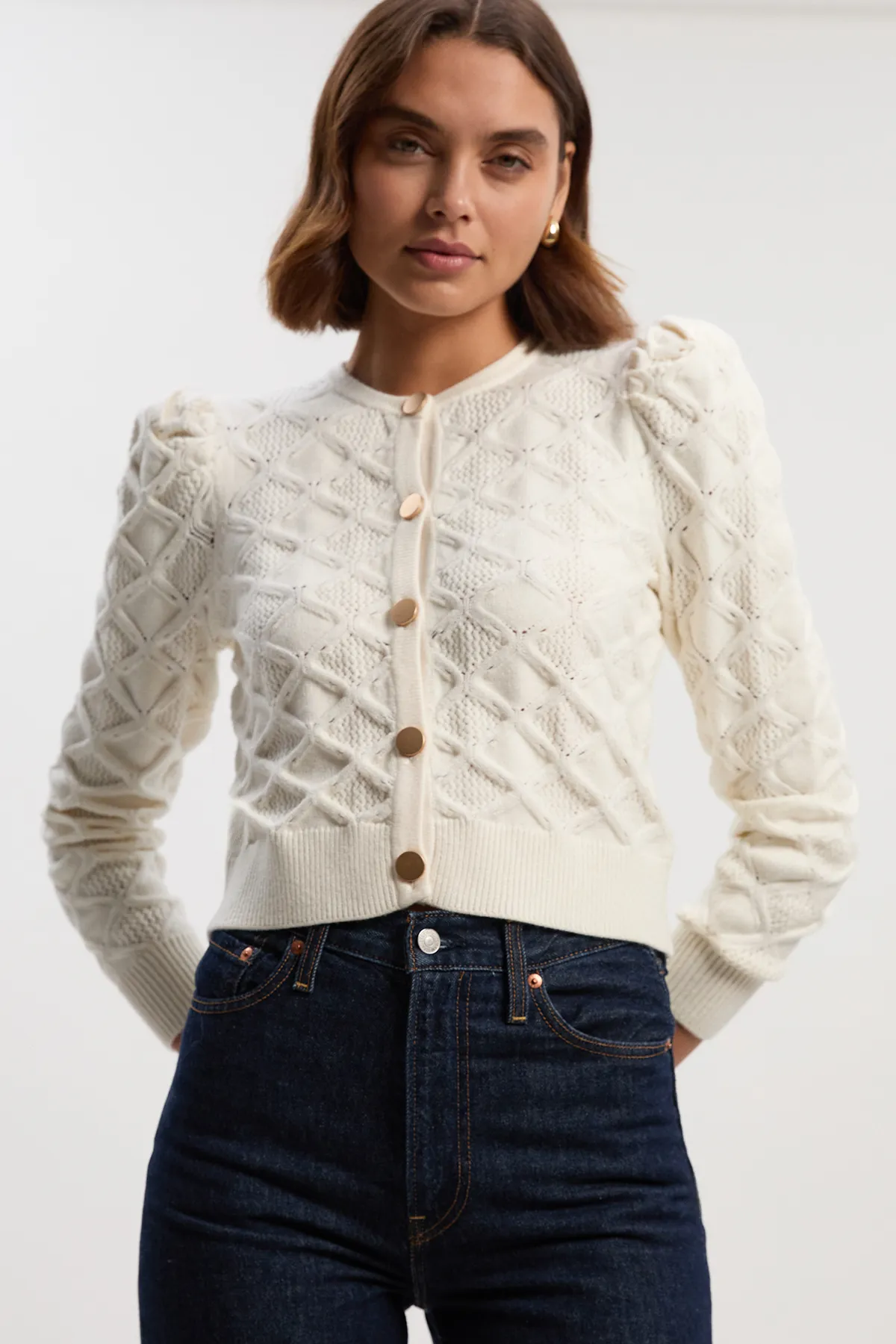 Cable Stitch Puff Sleeve Knit Cardigan BKK25935