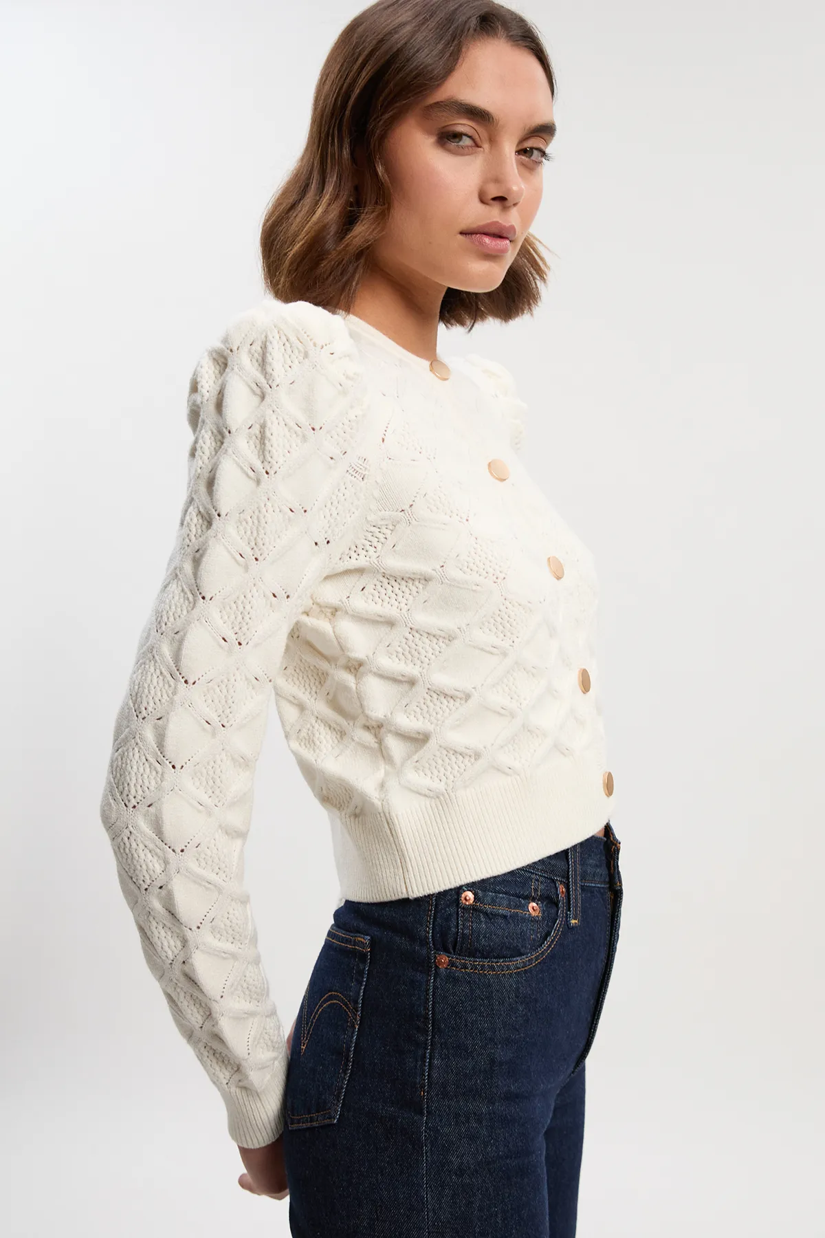 Cable Stitch Puff Sleeve Knit Cardigan BKK25935