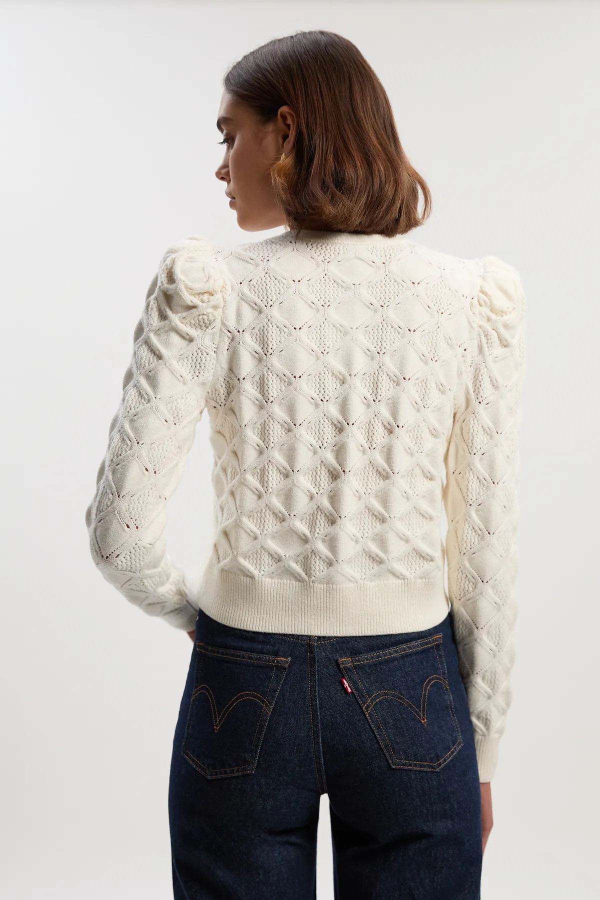 Cable Stitch Puff Sleeve Knit Cardigan BKK25935