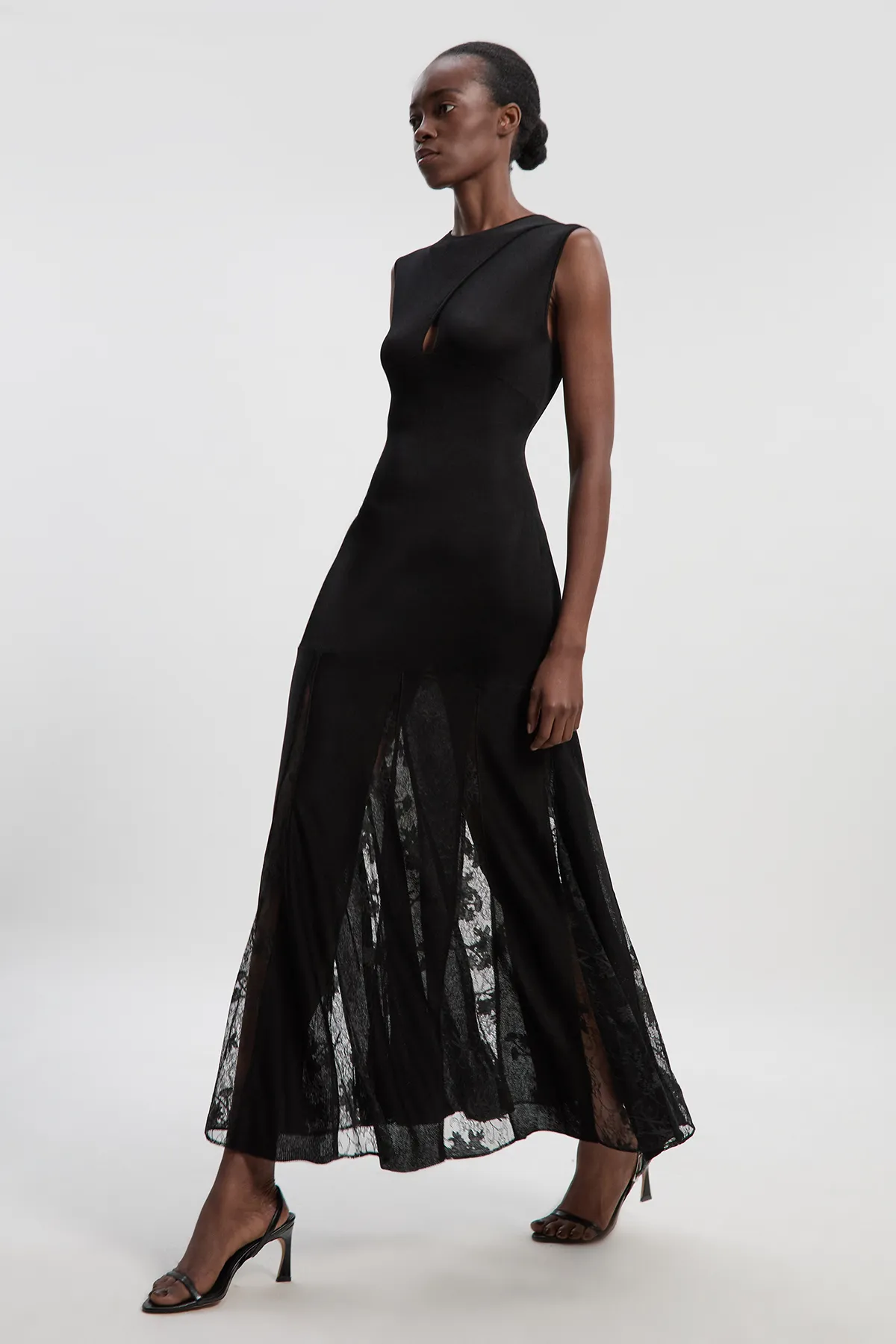 Viscose Blend Slinky Sheer Lace Detail Knit Maxi Dress BKK25938