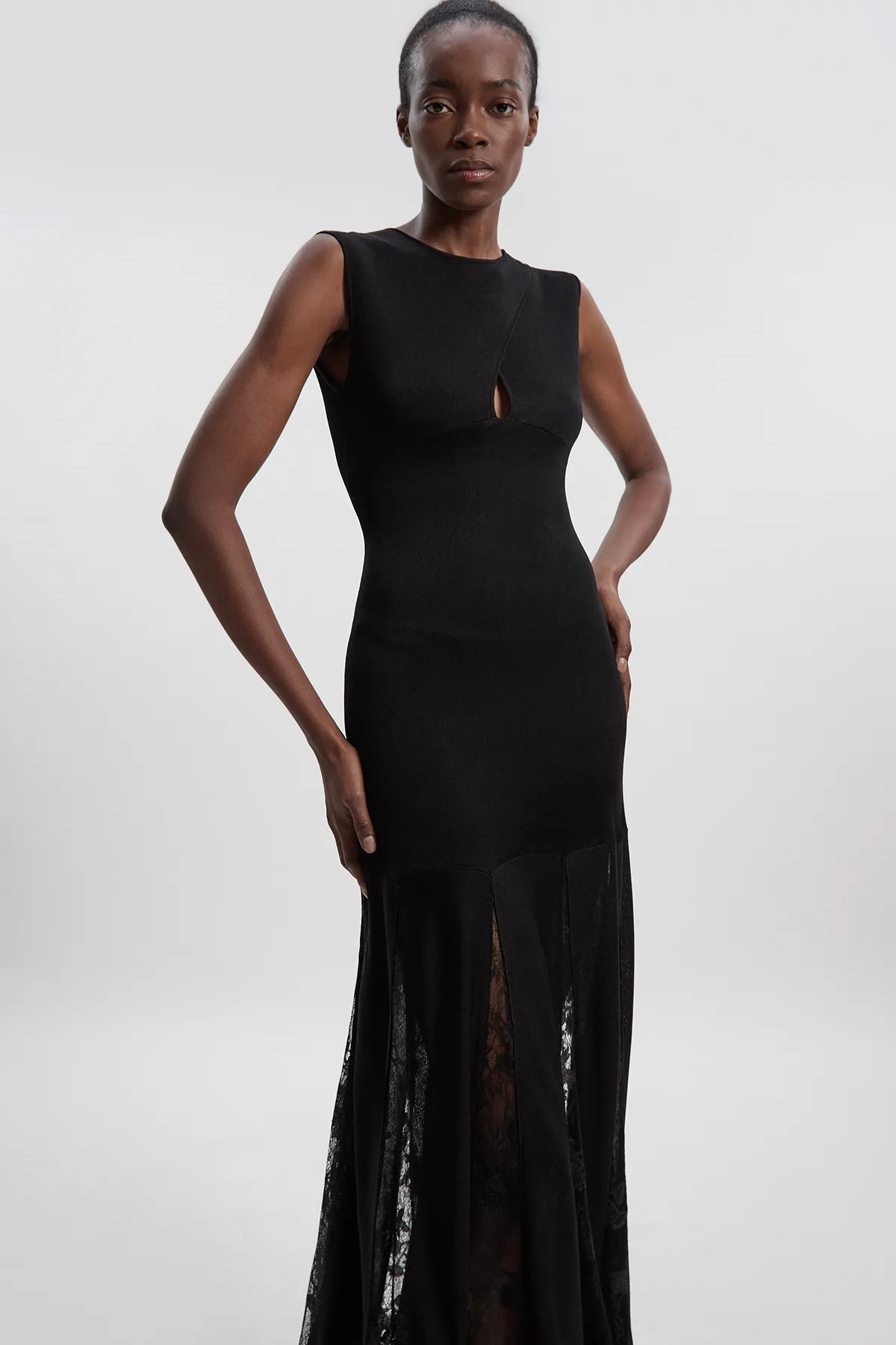 Viscose Blend Slinky Sheer Lace Detail Knit Maxi Dress BKK25938