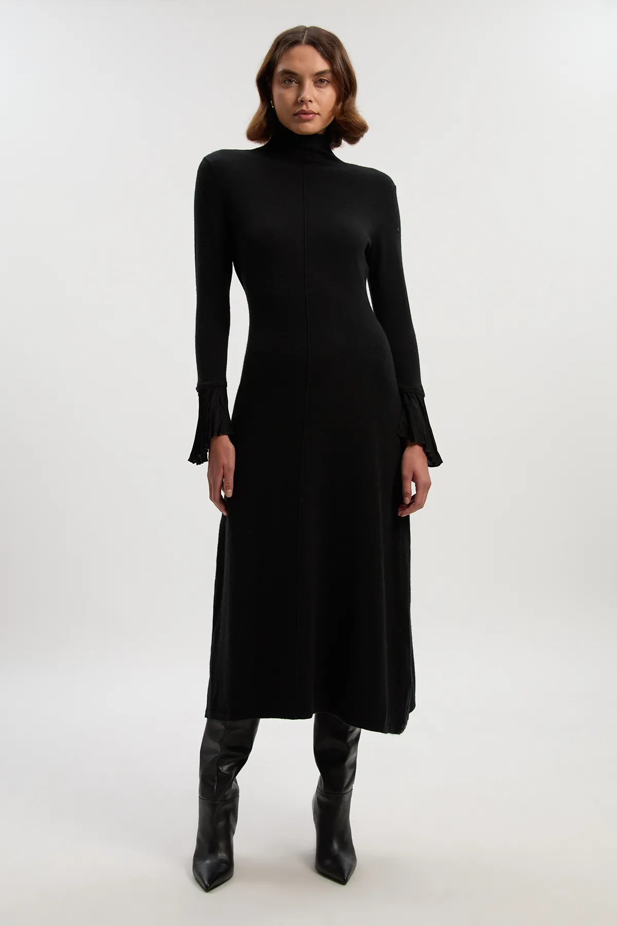 Wool And Alpaca Blend Knit Pleated Silk Woven Cuffs Midi Dress BKK25953