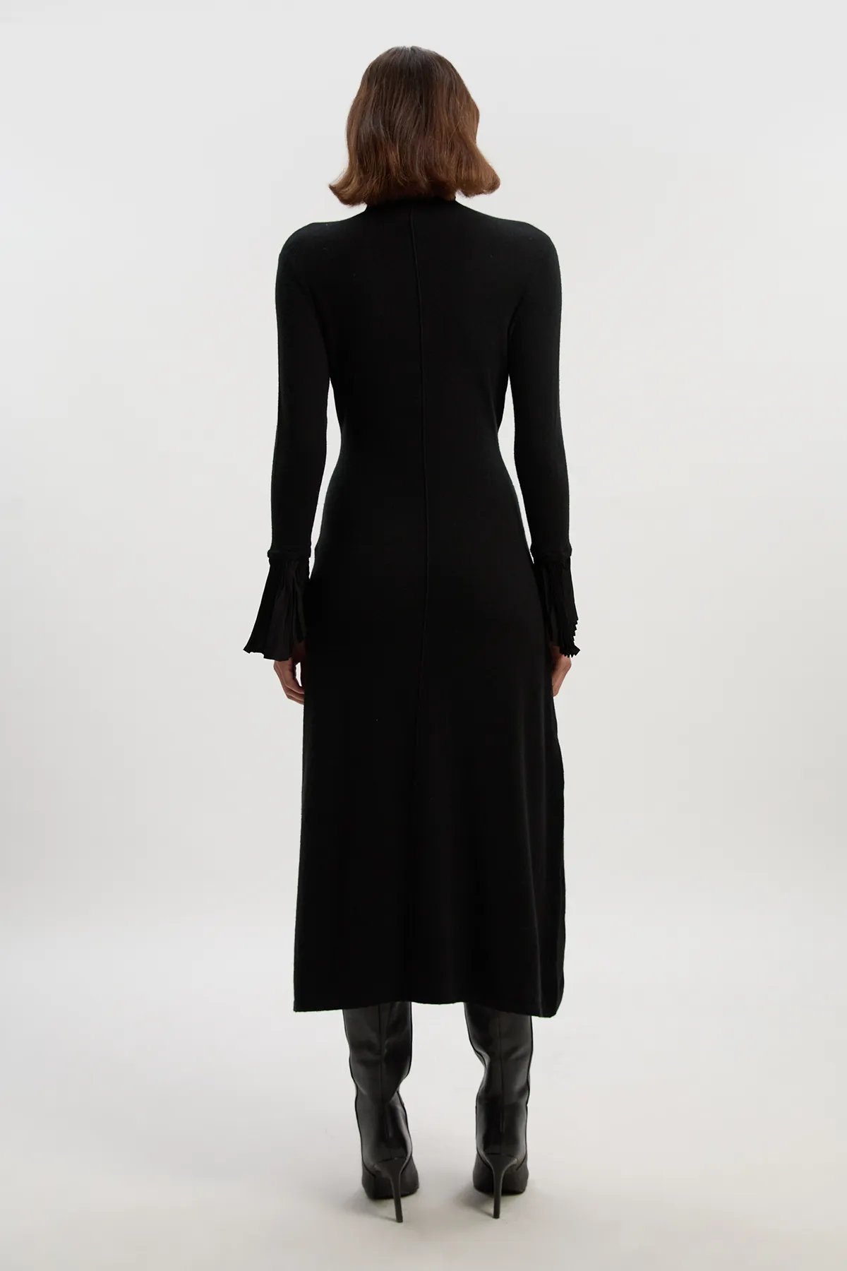 Wool And Alpaca Blend Knit Pleated Silk Woven Cuffs Midi Dress BKK25953