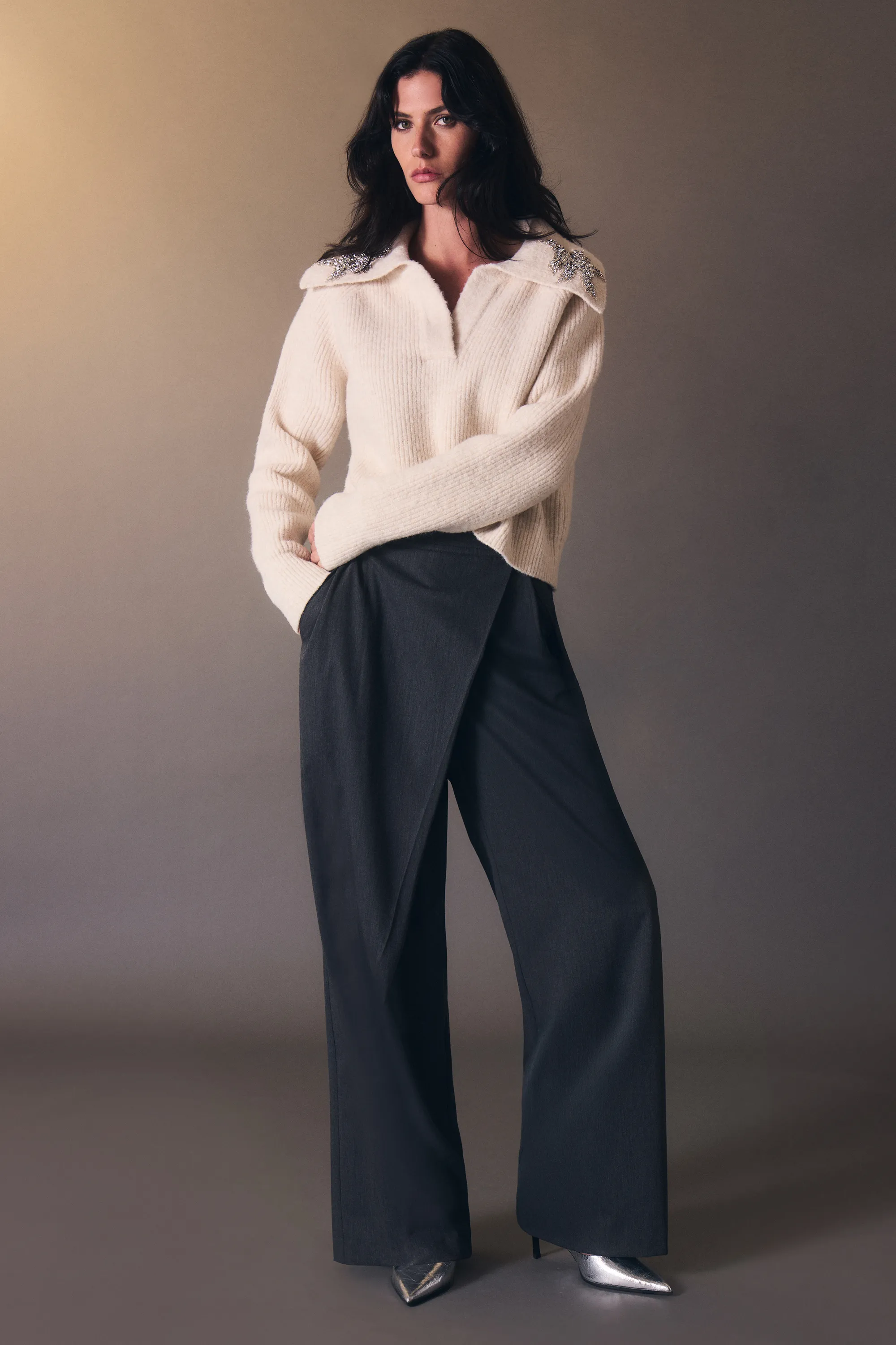 Embellished Cozy V Neck Collar Knit Sweater BKK26007