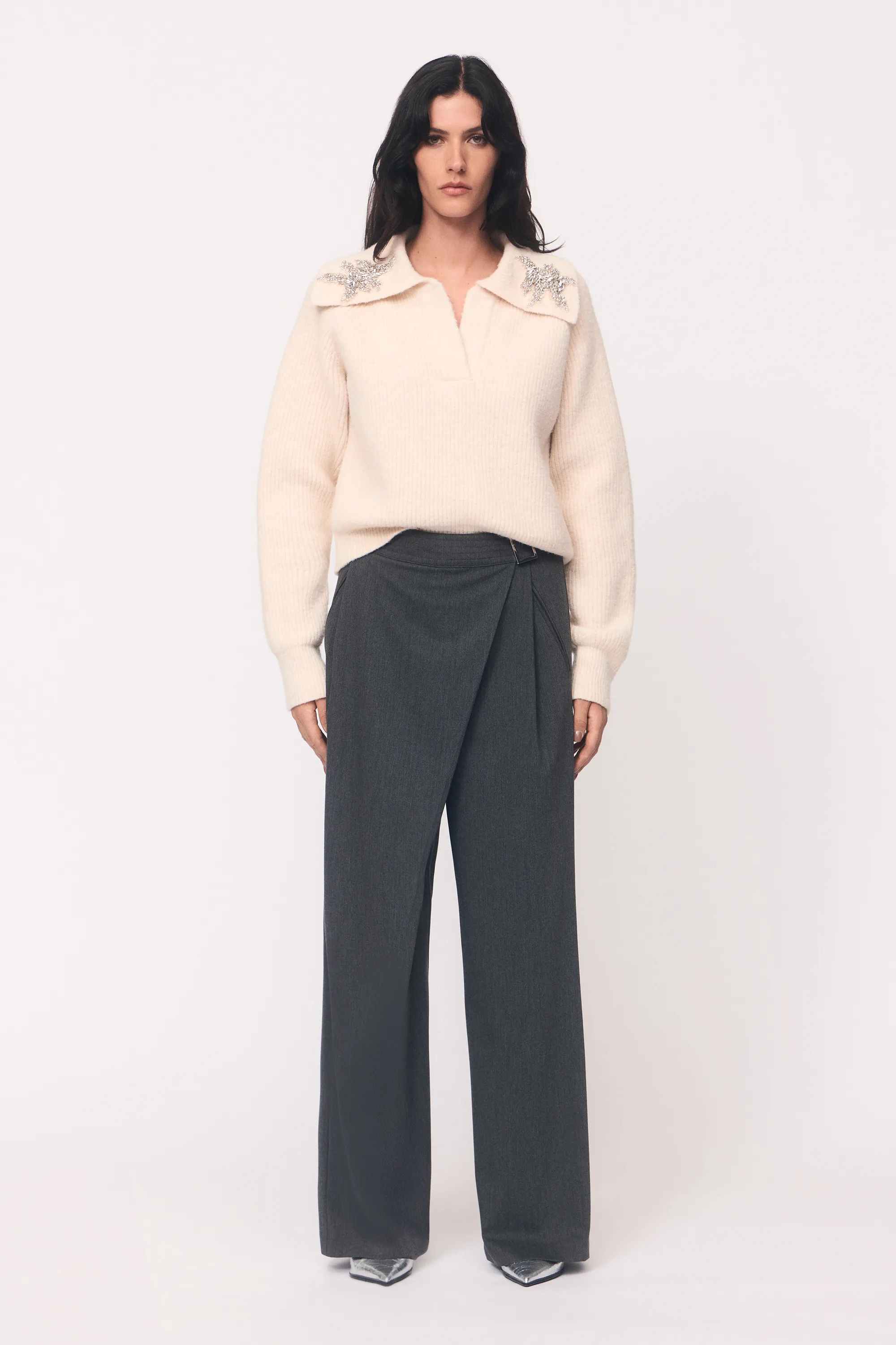 Embellished Cozy V Neck Collar Knit Sweater BKK26007