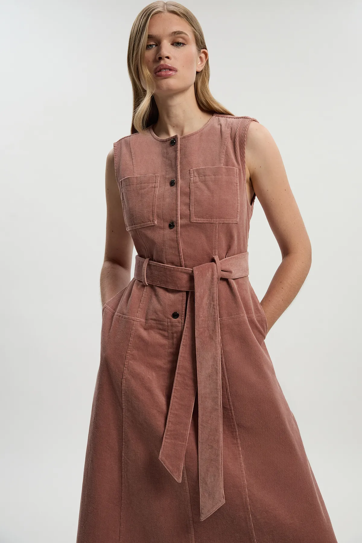 Stretch Cord Belted Midi Dress BKK26064