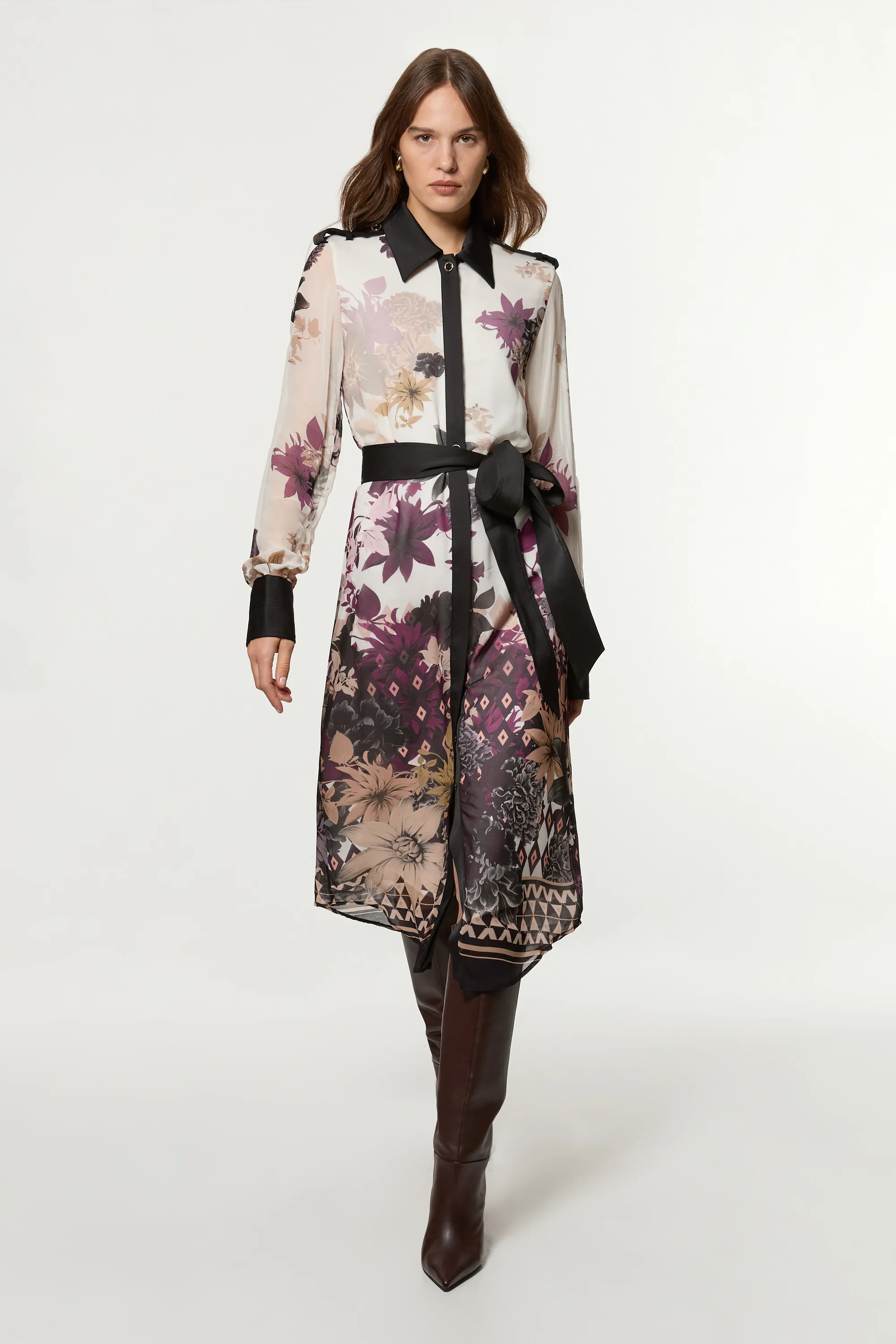 Petite Viscose Georgette Border Print Woven Midi Shirt Dress BKK22877