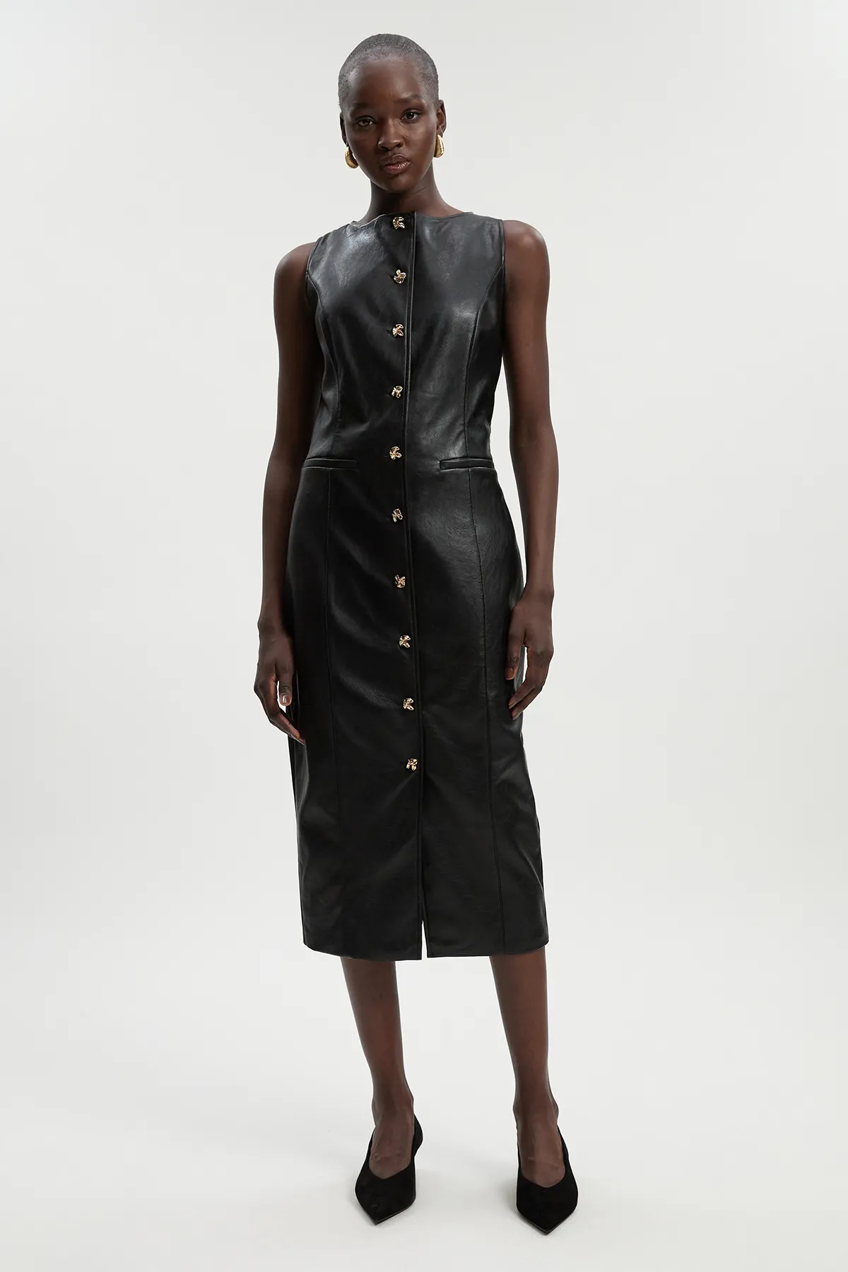 Faux Leather Button Detail Midi Pencil Dress BKK26077